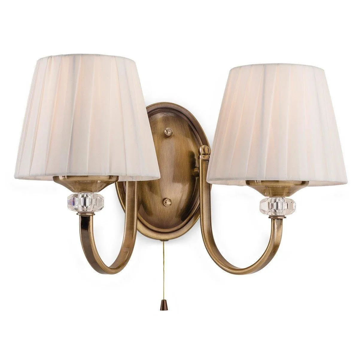 Netlighting Langham 2 Light Indoor Wall Light (Switched) Antique Brass Pleated Cream Shades E14 in Gold