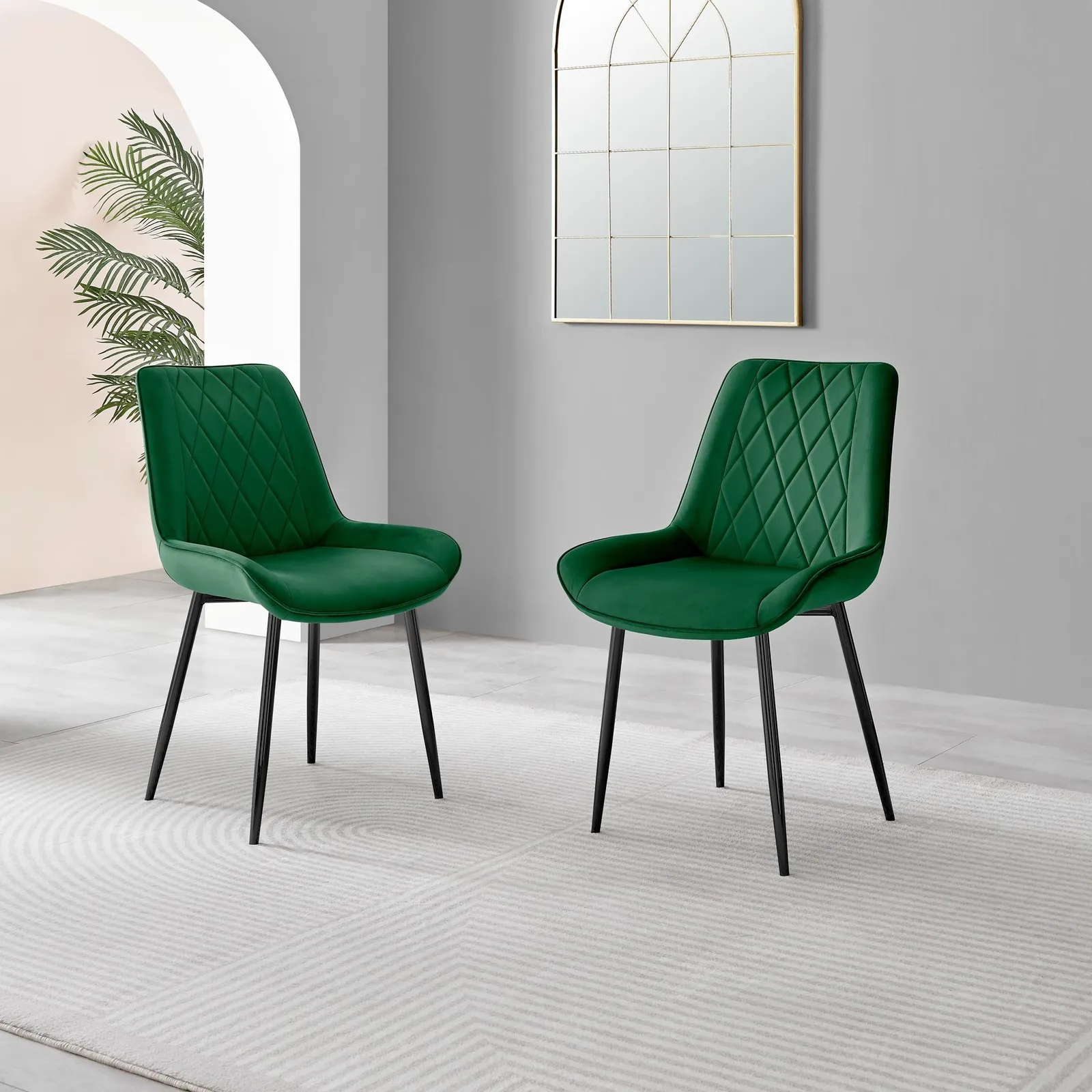 FurnitureboxUK Set of 2 Pesaro Luxury Velvet Dining Chairs With Diamond Stitched Back & Black Metal Legs in Green 2