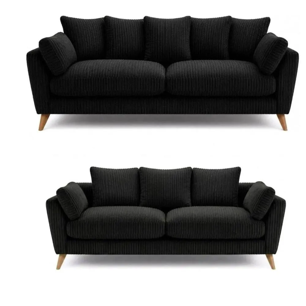 Bliss Furniture Harlow Jumbo Cord 3+2 Seater Sofa Set, Modern Tailored Design in Black