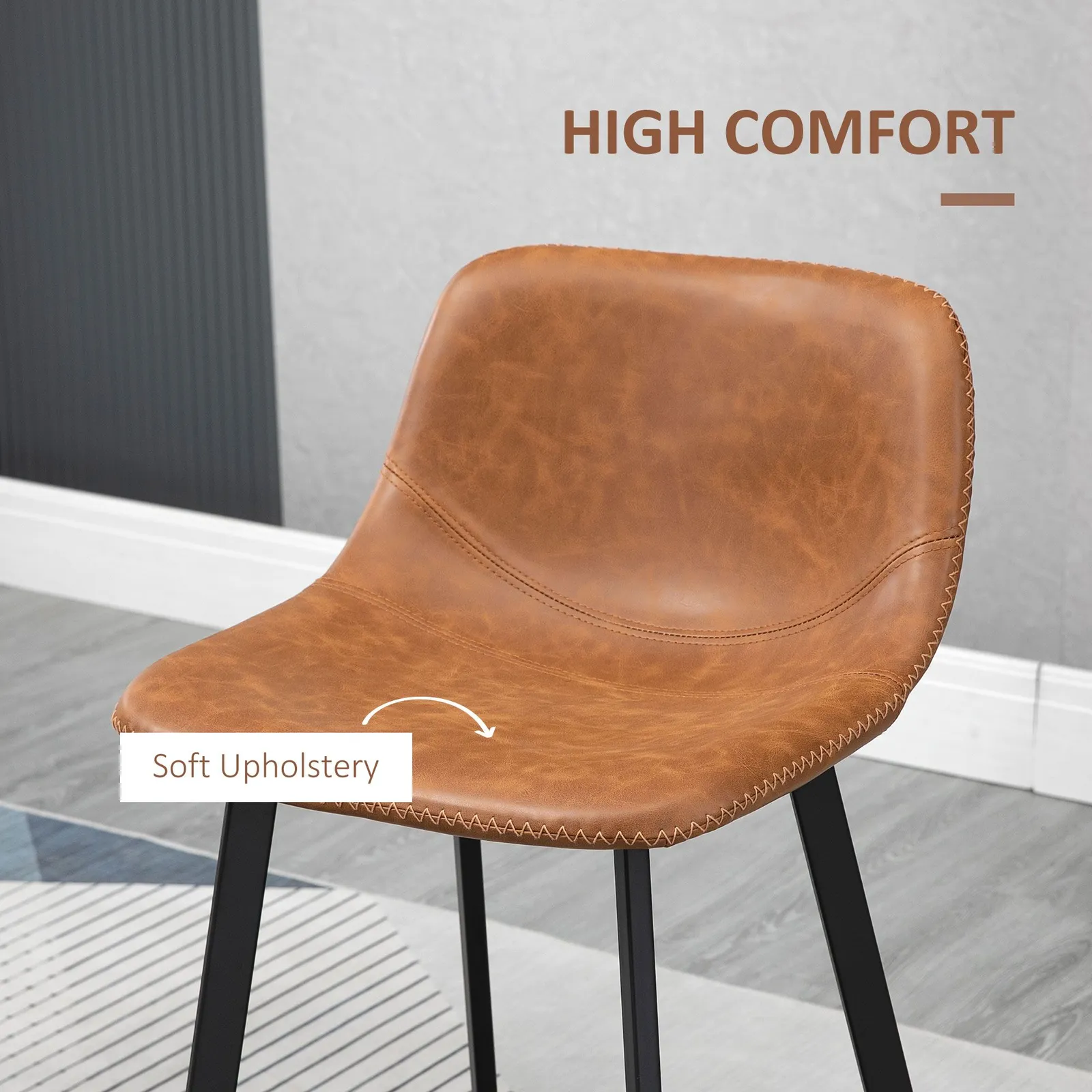 HOMCOM Industrial Bar Stools Set of 2, Upholstered Kitchen Stool in Brown 6
