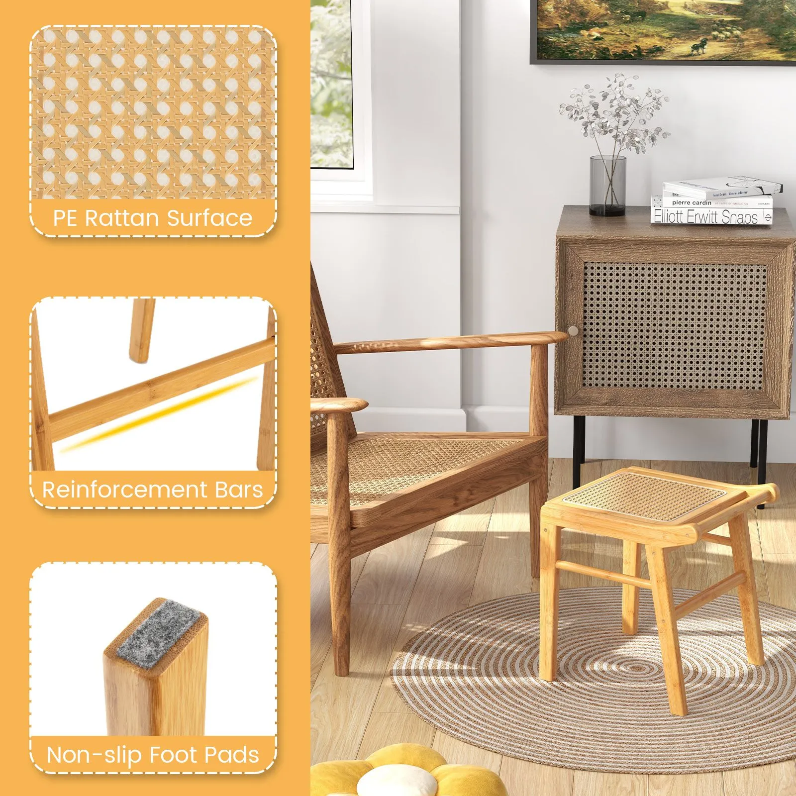 Costway Bamboo Vanity Stool Living Room Makeup Dressing Rattan Top Ottoman Footrest in Natural 3