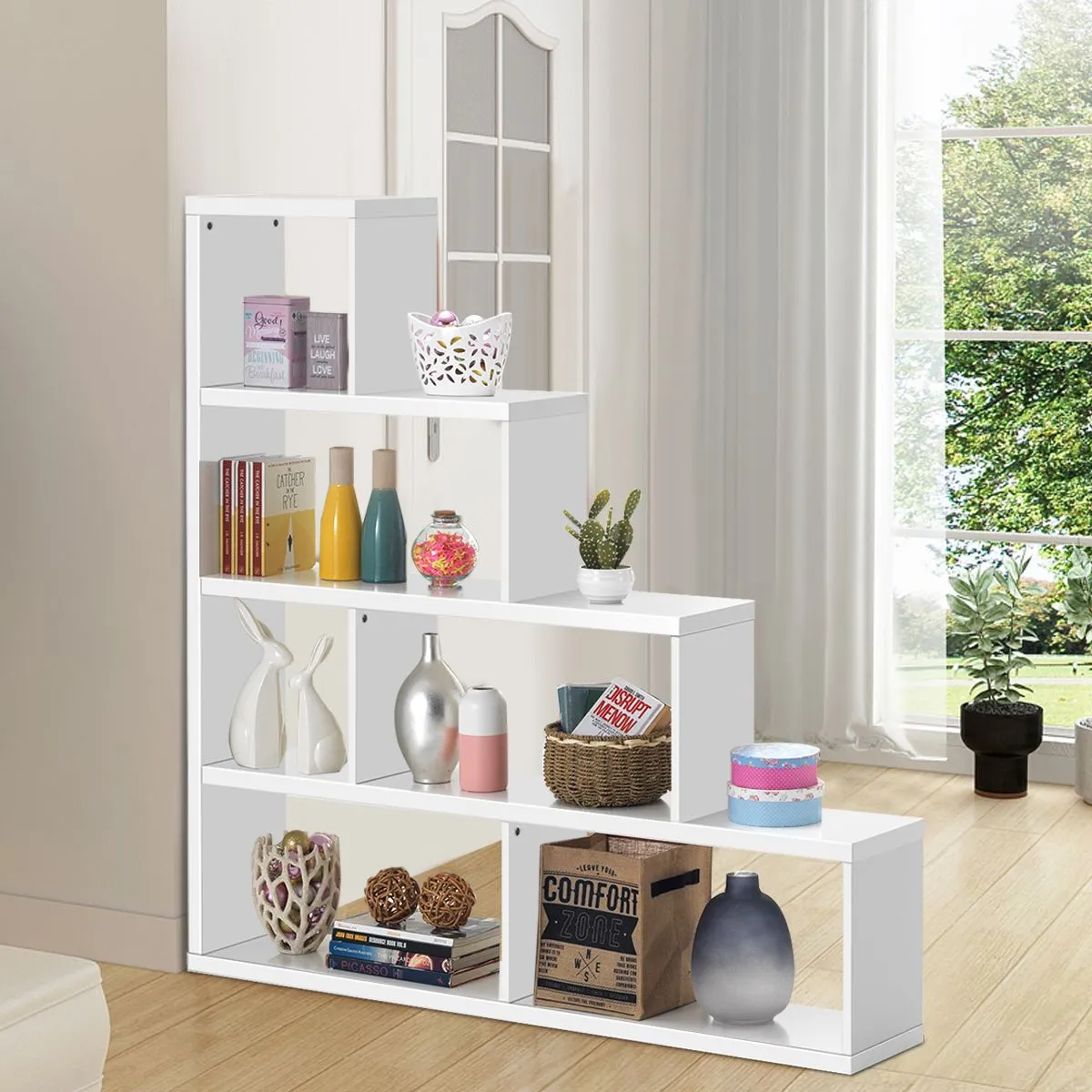 Costway 6-Cube Ladder Bookcase Freestanding Corner Bookshelf 5-Tier Display Shelf in White 3