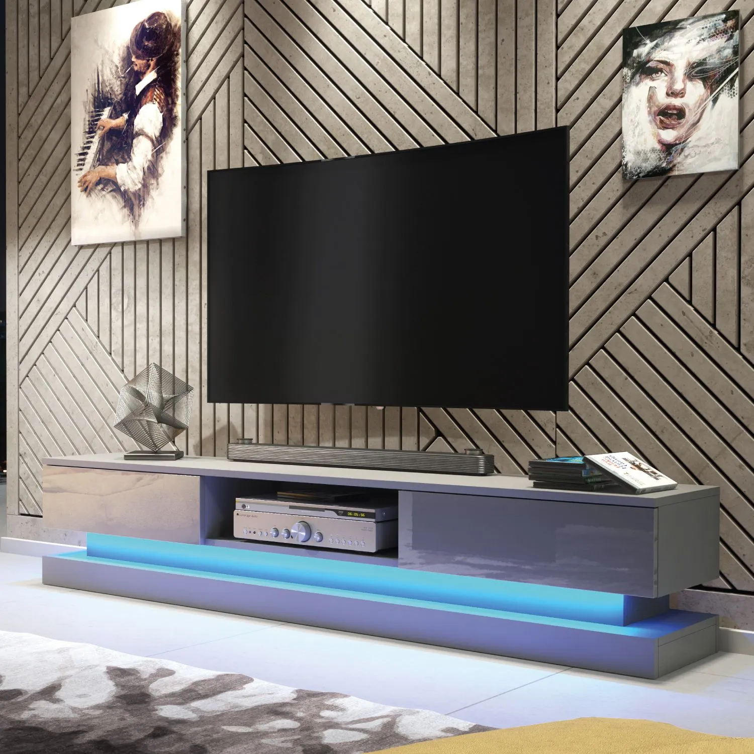 Creative Furniture Bloom TV Unit 180cm - A Functional & Contemporary Cabinet with Gloss Doors & LED Lights in Dark Grey 5