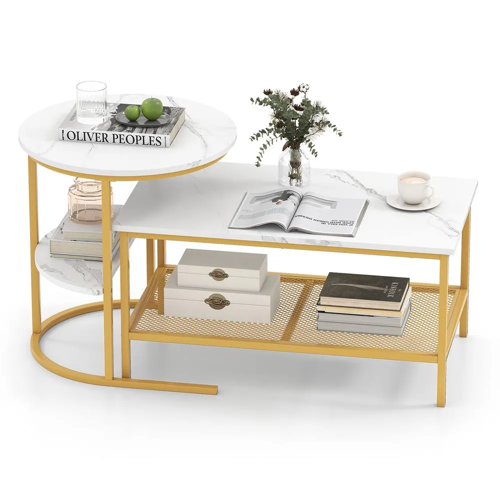 Costway 2PCS Nesting Faux Marble Coffee Table 2-in-1 Detachable Side Table Set 3