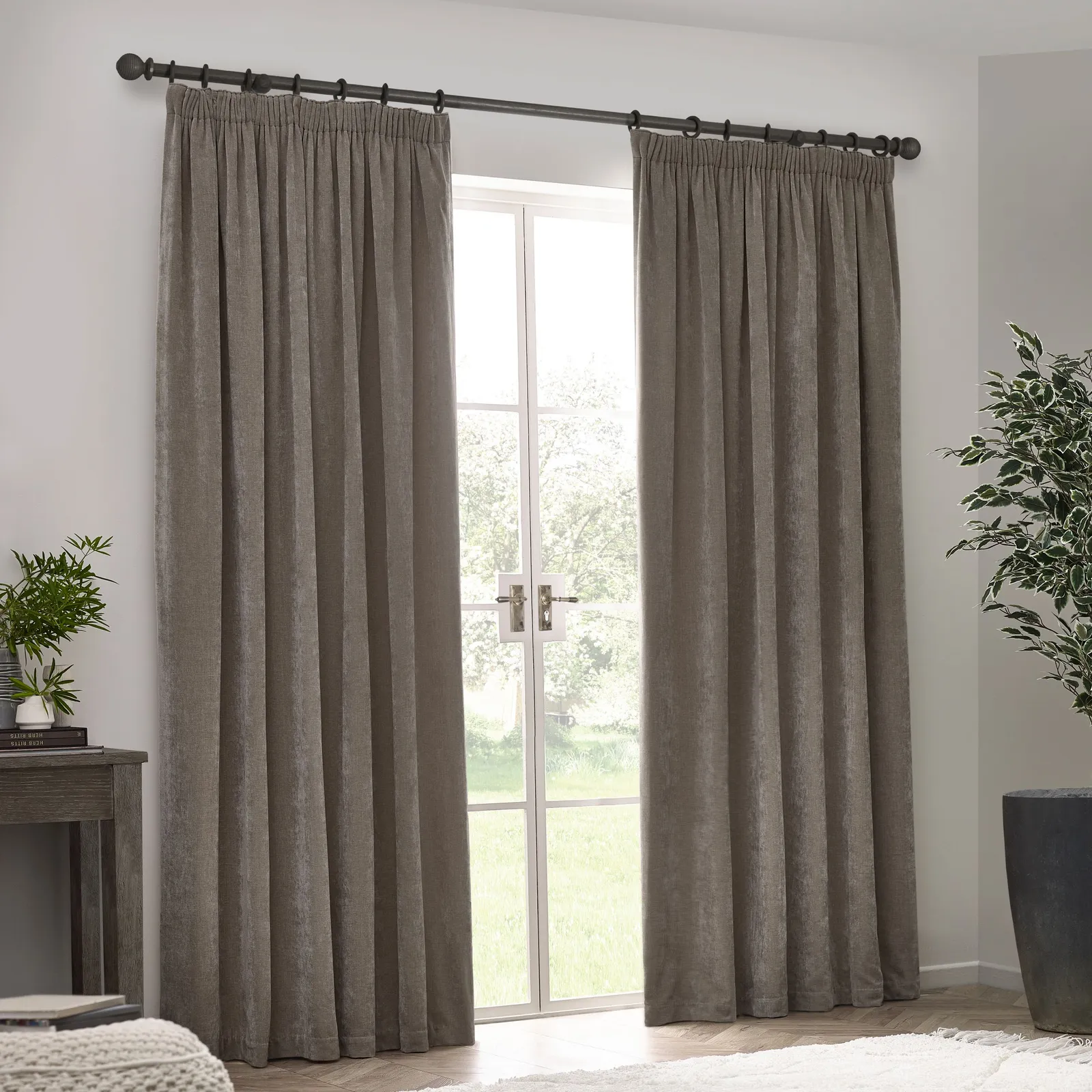Yard Heavy Chenille Velvet Room Darkening Pencil Pleat Curtain Pair in Taupe 5