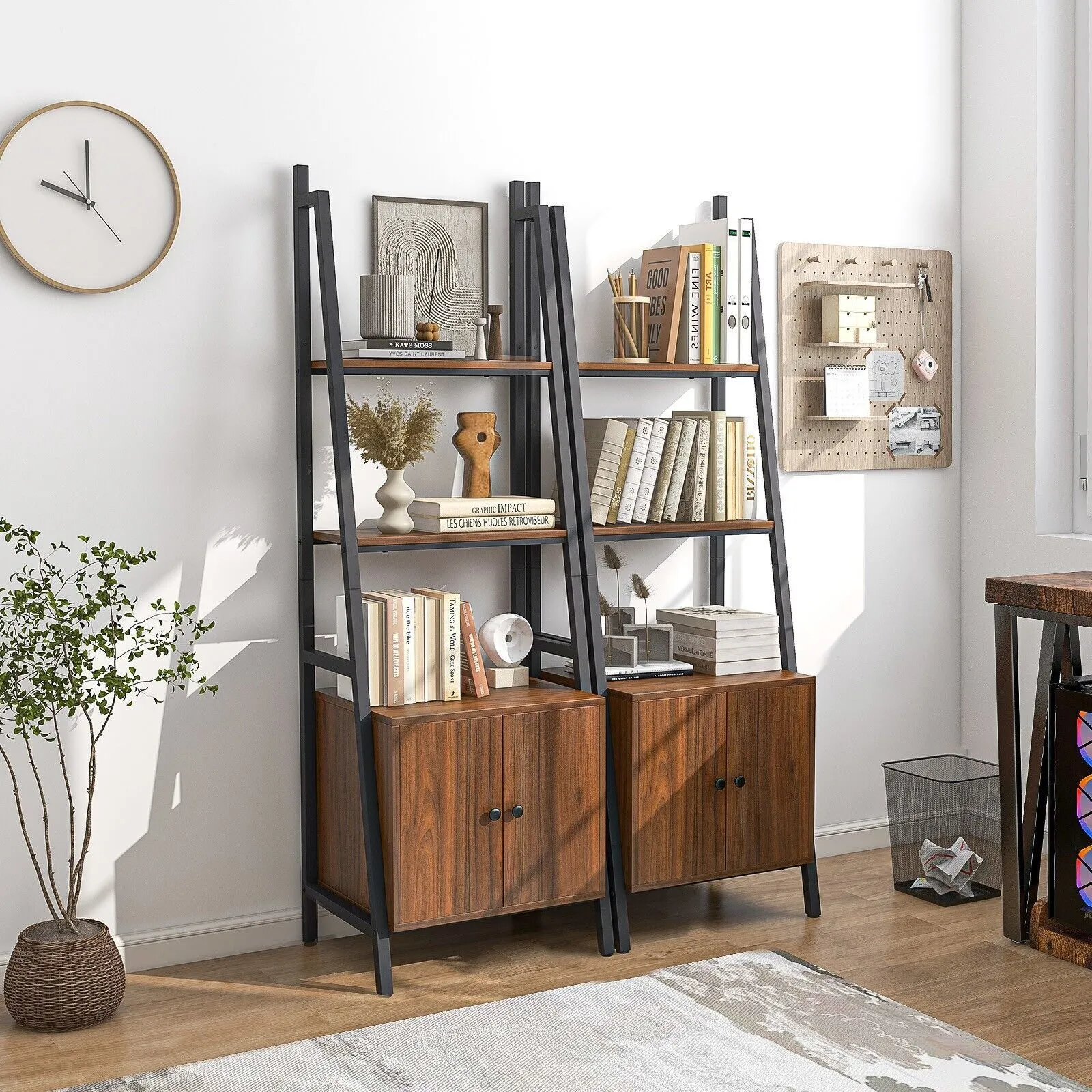 Costway 4 Tiers Ladder Shelf with Cabinet 160 CM Tall Bookshelf Industrial Bookcase in Brown 4