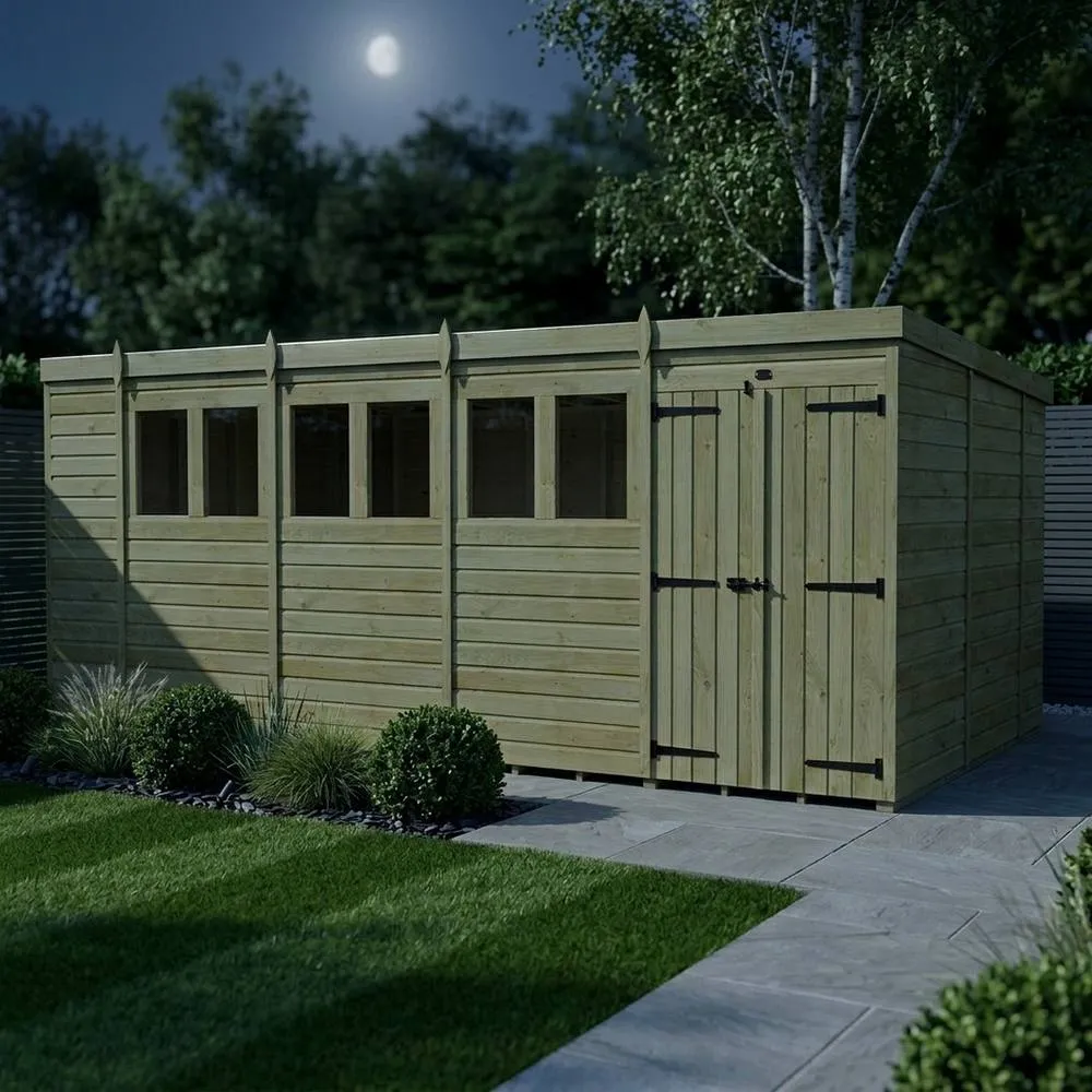 Buttercup Farm 18ft x 10ft Pent Garden Shed Double Door With Windows - Timber in Brown 3