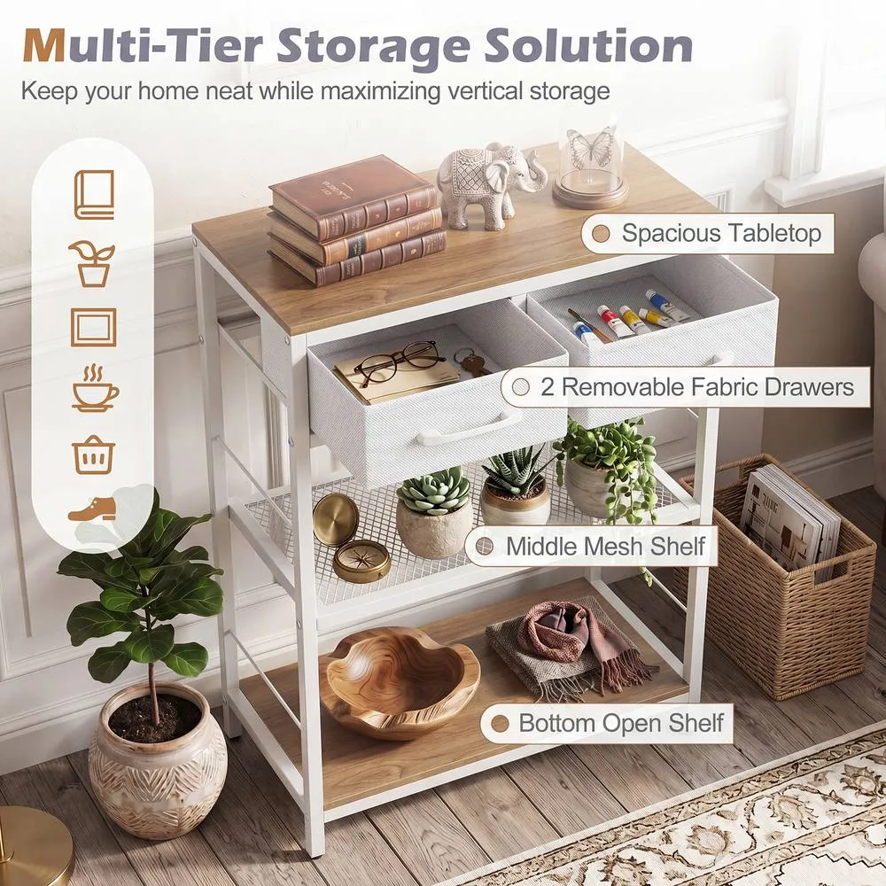 Costway Narrow Console Table w/ 2 Fabric Drawers 3-Tier Table Storage Rack in Natural 4