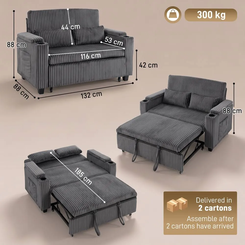 HOMCOM 2 Seater Sofa Bed, 3-in-1 Corduroy Pull Out Sleeper Sofa, Dark Grey 3