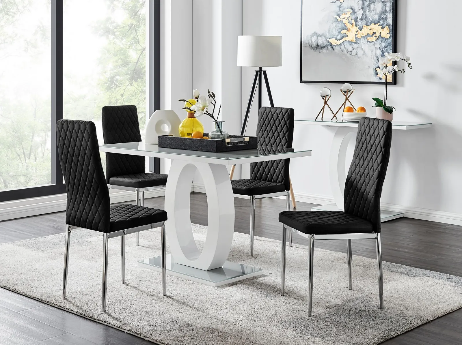 FurnitureboxUK Giovani 4 Grey Dining Table & 4 Velvet Milan Chairs in Black