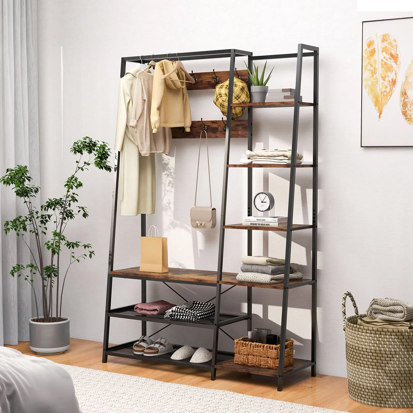 Costway Hall Tree with Storage Bench Industrial Coat Rack Shoe Bench with 9 Hooks in Brown 5