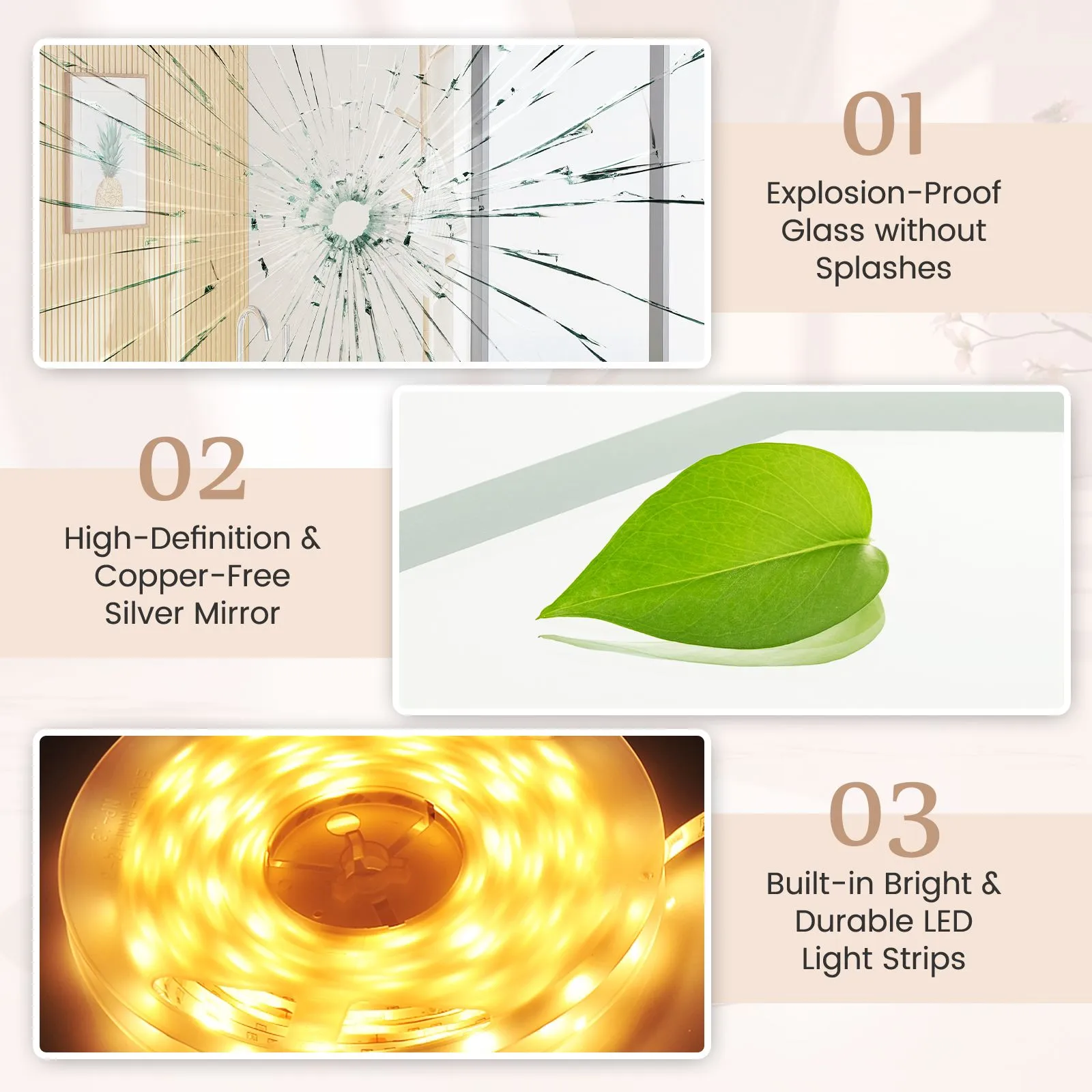 Costway LED Bathroom Mirror Single Beveled Edge Anti-Fog Mirror with 3 Color LED Light in Silver 3