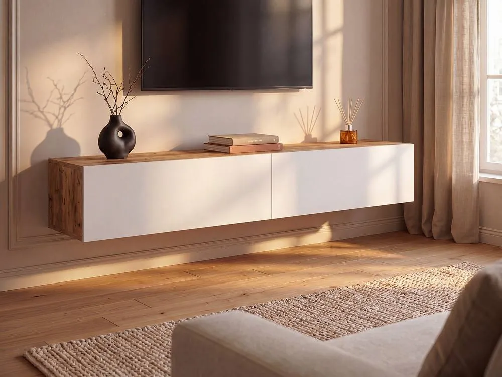 Vente-unique 2 - Door Wall - Mounted TV Unit - White & Natural - AUBEPINA in Light Oak 3