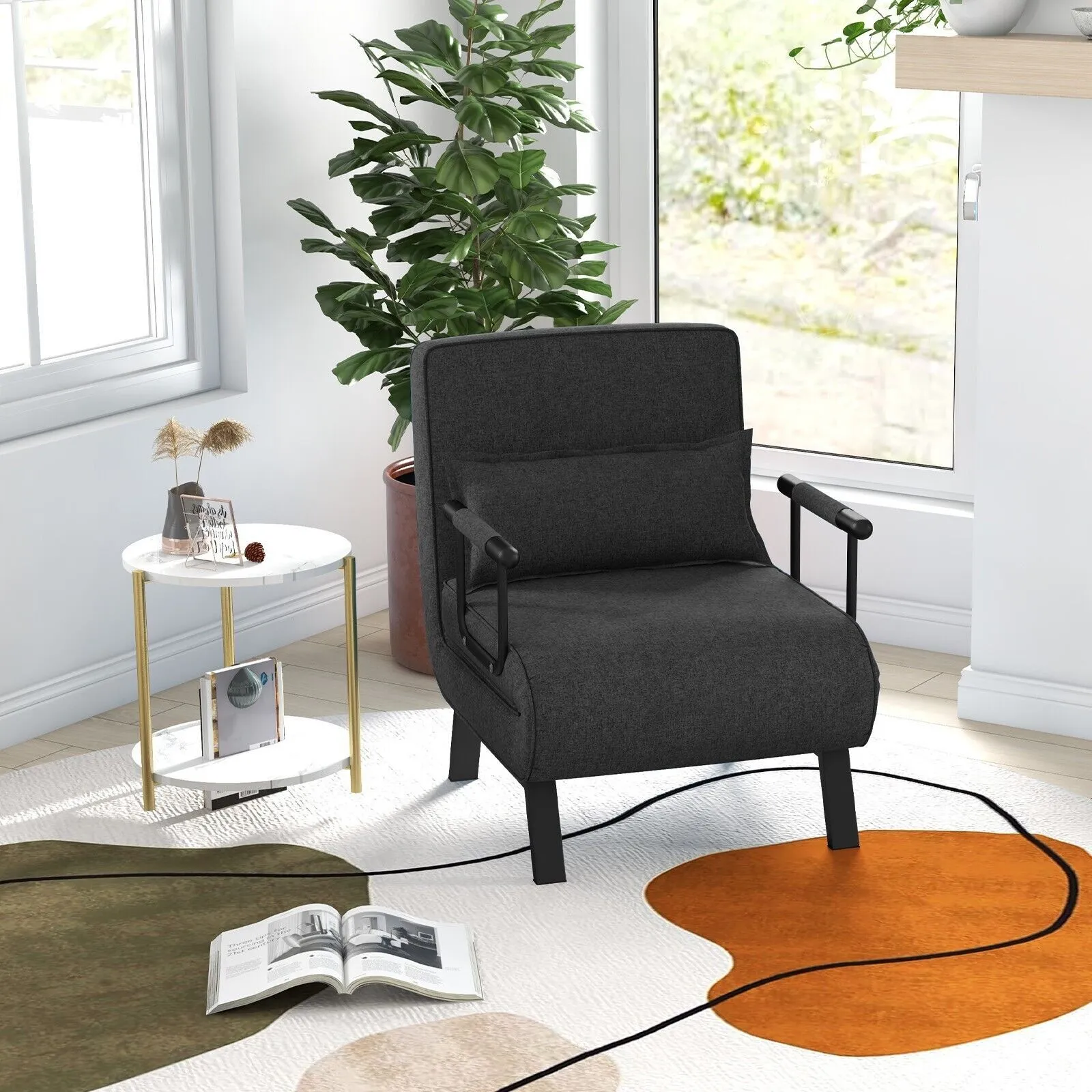 Costway Convertible Single Folding Sofa Bed Sleep Chair w/ 6 Positions Adjustable Backrest Dark Grey 4