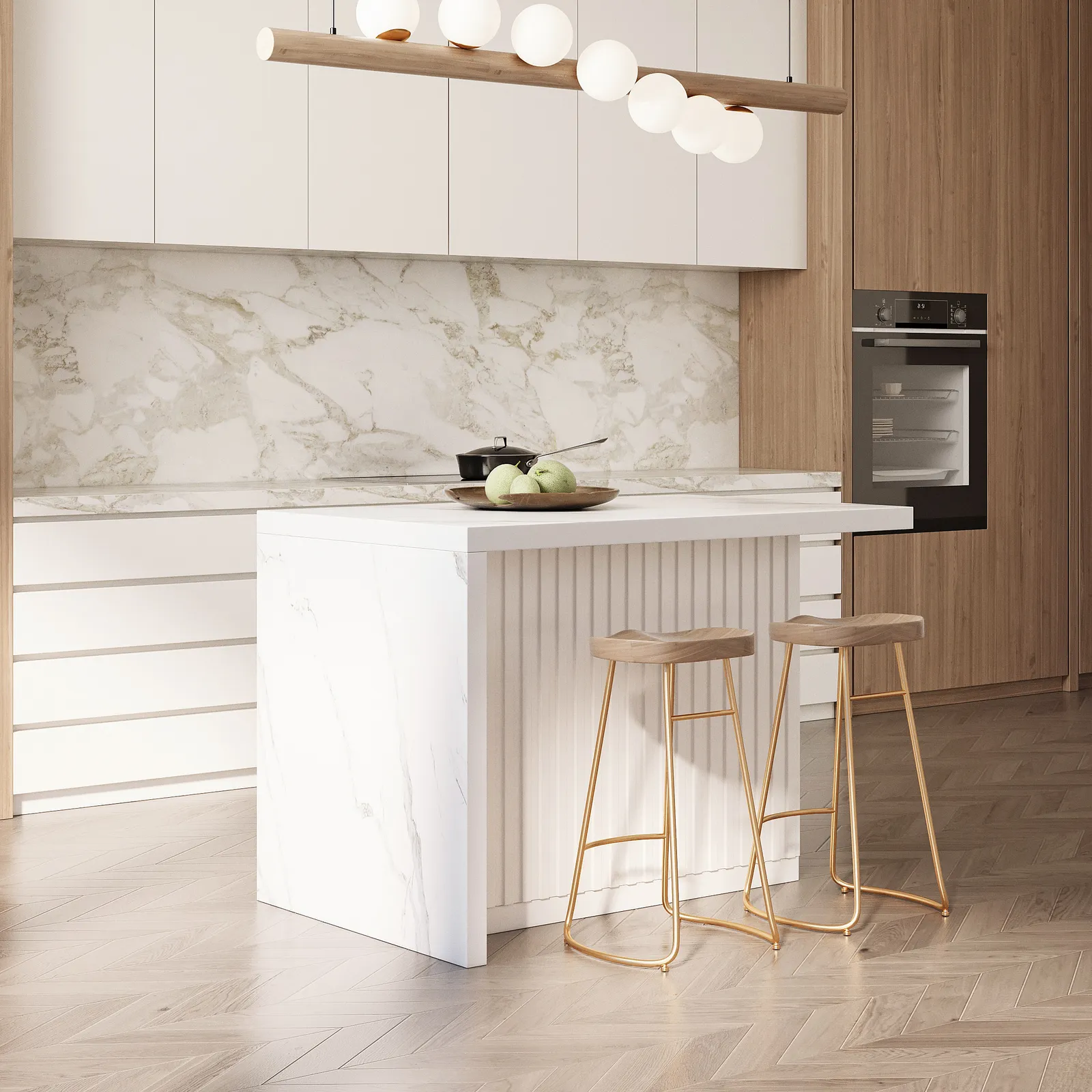 130 cm Large Kitchen Island Marble Veneered Top with Storage White Kitchen Cabinet