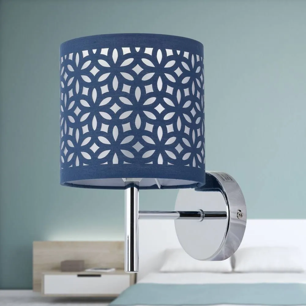 First Choice Lighting Set of 2 Brea - Chrome Wall Lights with Navy Blue Cut Out Shade in Silver 4