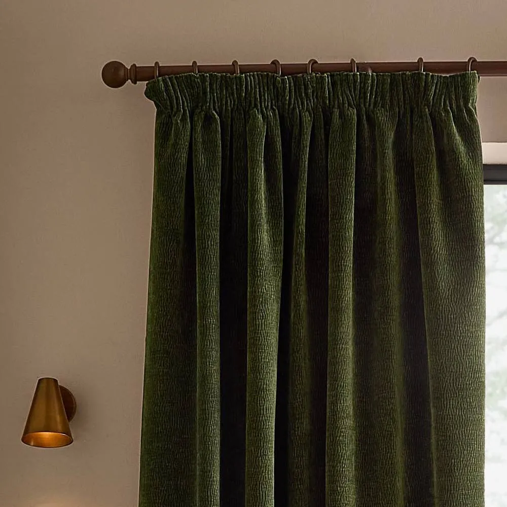 Yard Heath Washed Velvet Fully Lined Pencil Pleat Curtain Pair in Olive 3