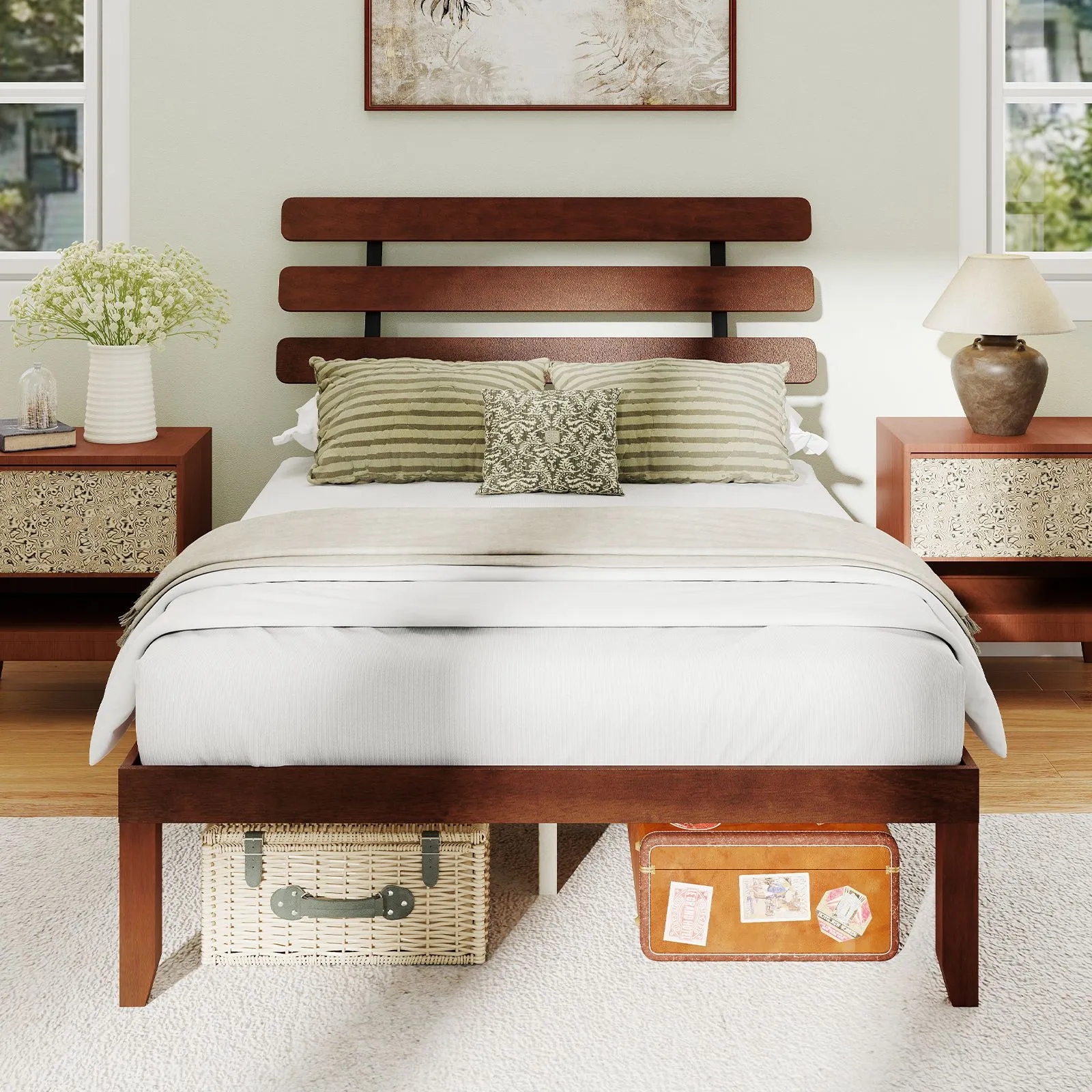 Costway Double Size Bed Frame Solid Wood Platform Bed w/ Headboard in Walnut 3