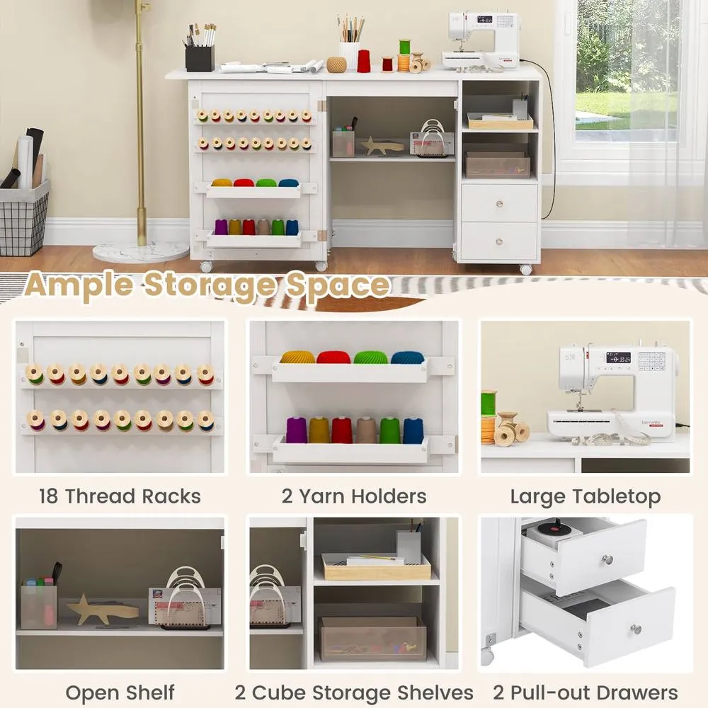 Costway Folding Sewing Table w/Charging Station Sewing Machine Cart Table-White in White 5