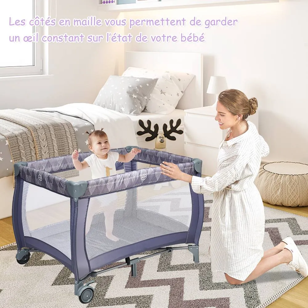 Costway 3 in 1 Travel Cot Foldable Baby Crib Playard w/Bassinet Nursery Center in Grey 4