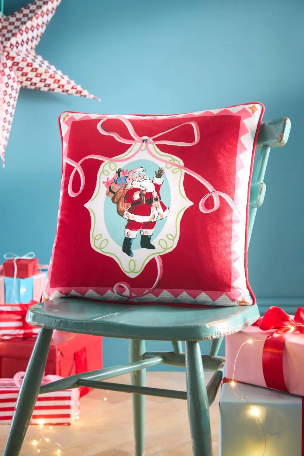 Fusion 'Christmas Vintage Frames' Velvet Filled Cushion in Red