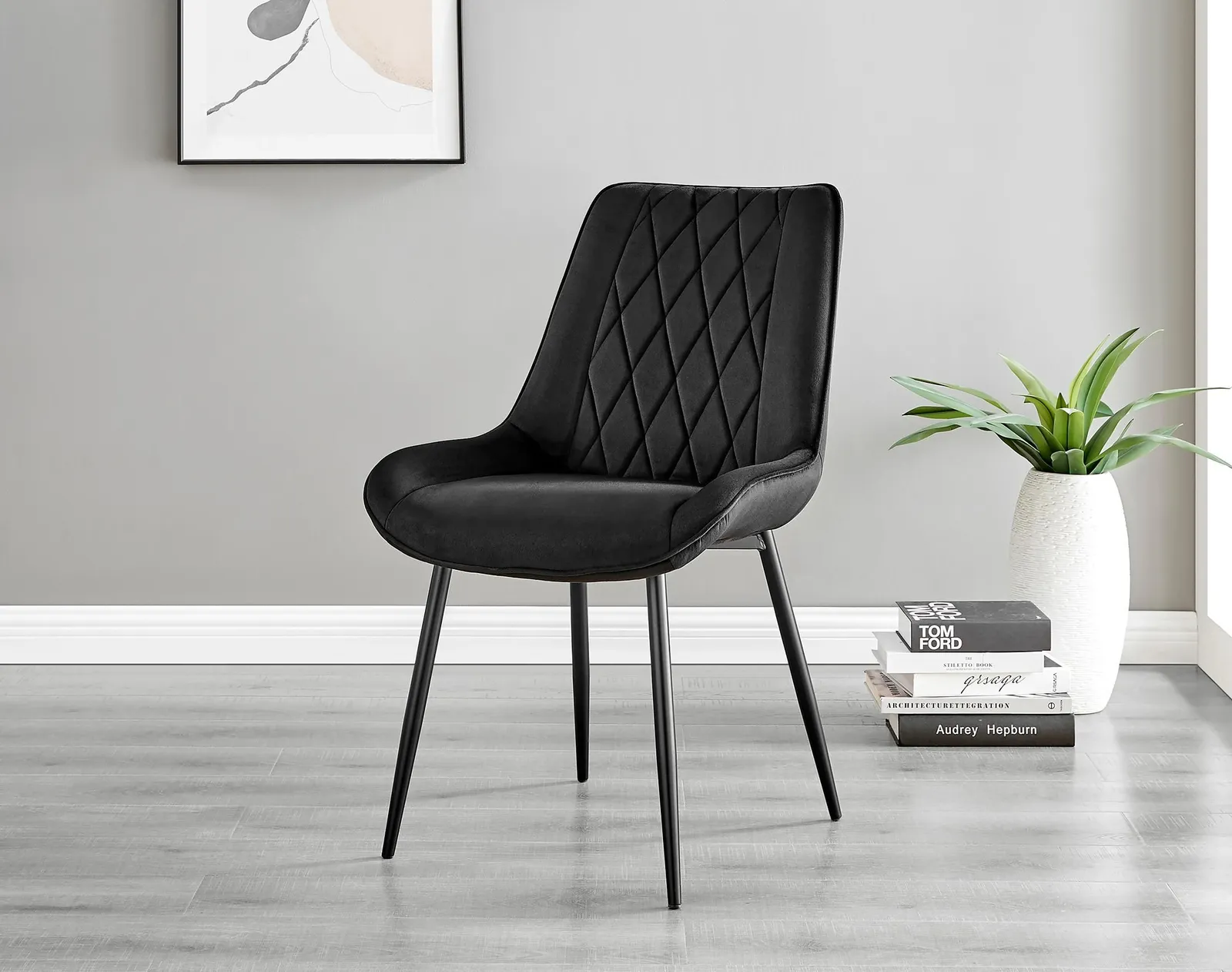FurnitureboxUK Set of 2 Pesaro Luxury Velvet Dining Chairs With Diamond Stitched Back & Black Metal Legs 2