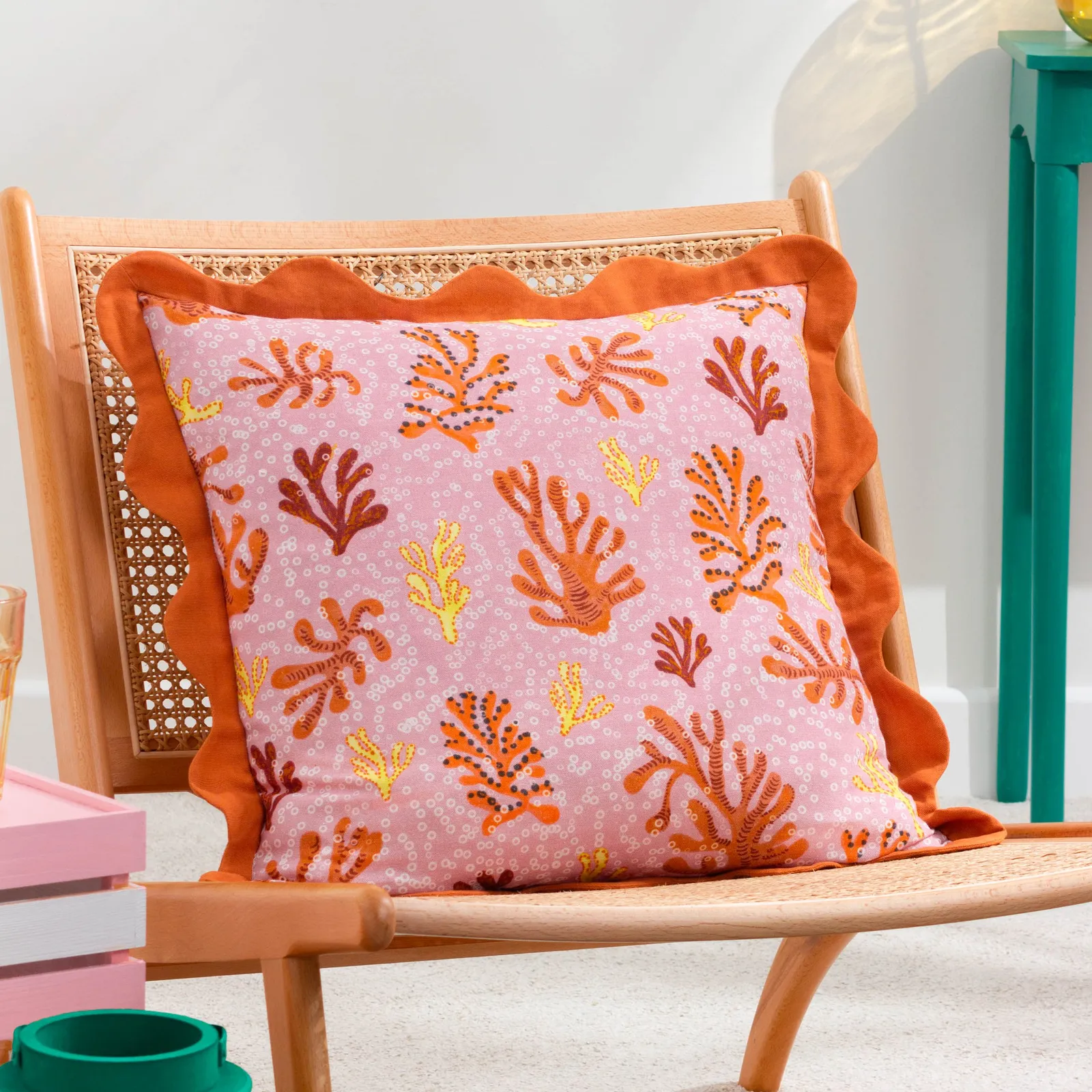 Furn Coral Scalloped 100% Cotton Cushion in Pink
