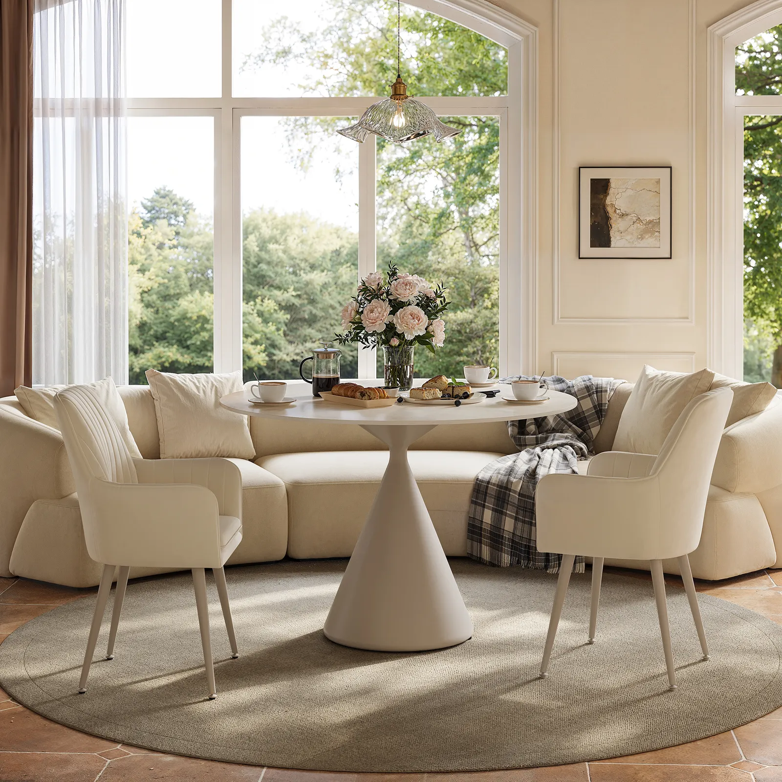 100cm Round Matte Travertine Sintered Stone Dining Table with Metal Pedestal Base