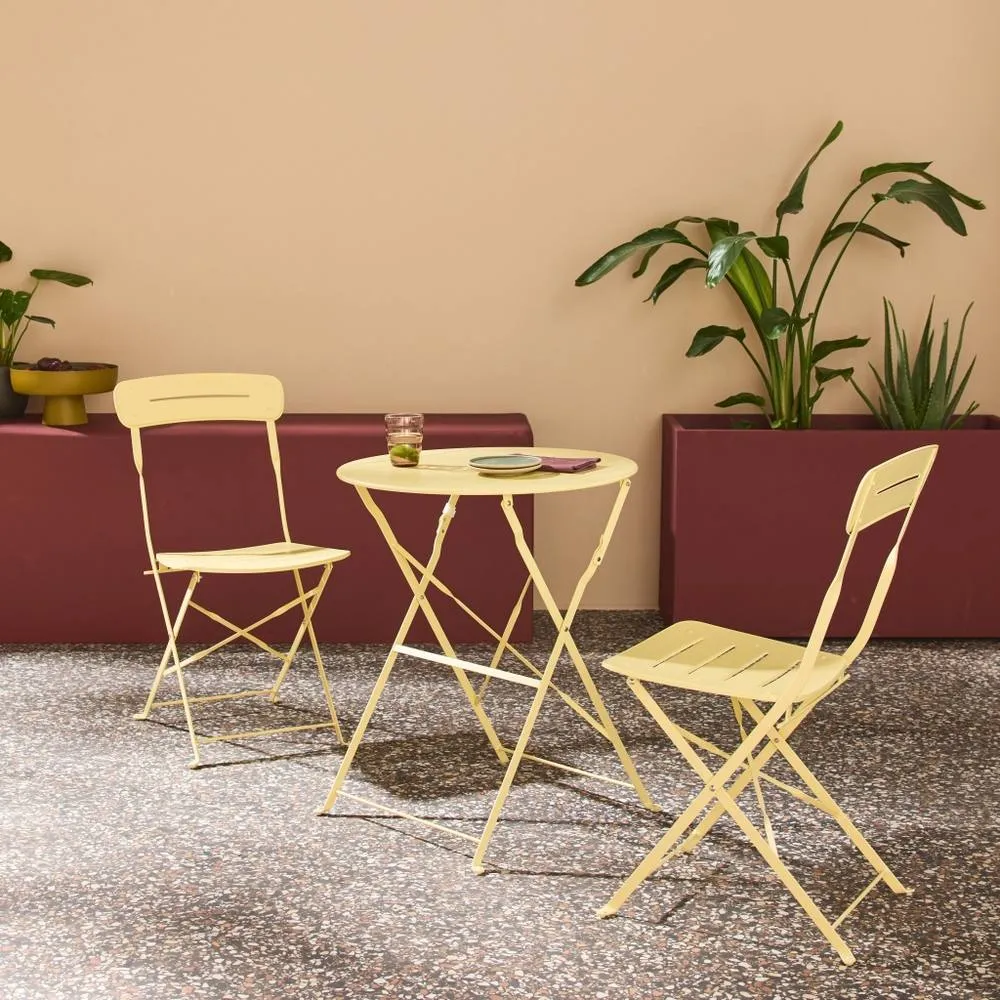 sweeek Round bistro garden table, steel, folding + 2 chairs in Yellow 1