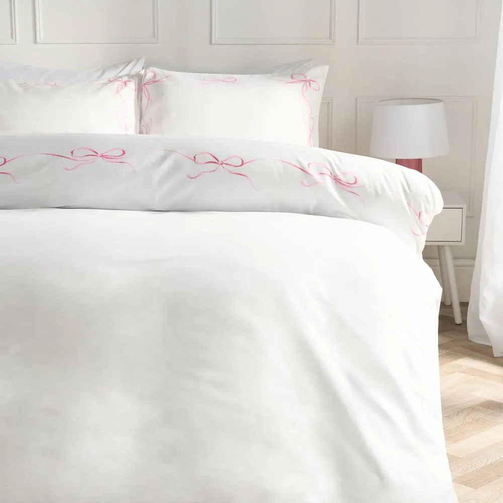OHS Bow Border Bedding Set Microfibre Duvet Cover with Pillowcase in White