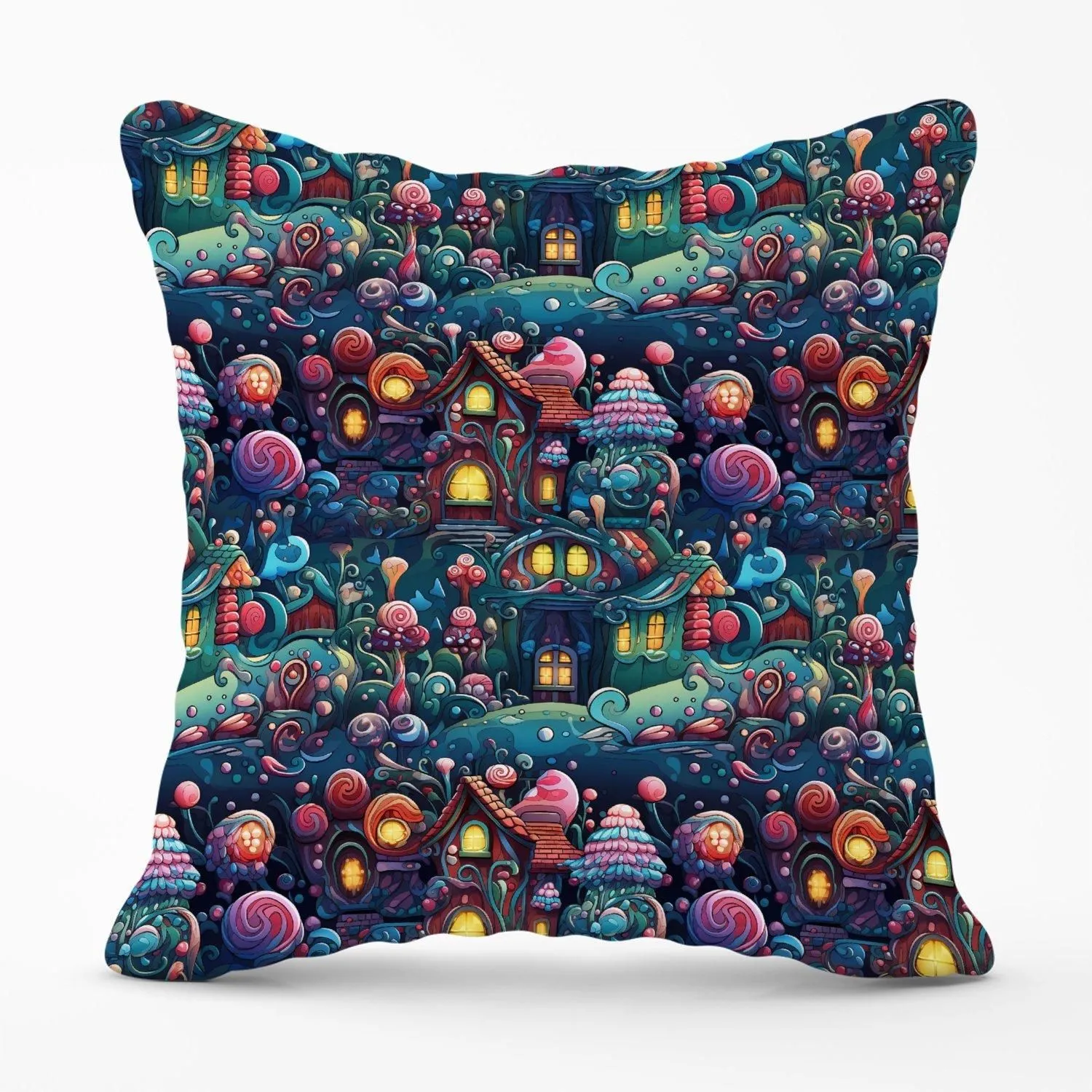 Warren Reed - Designer Whimsical Gingerbread House Pattern Outdoor Cushion in Blue