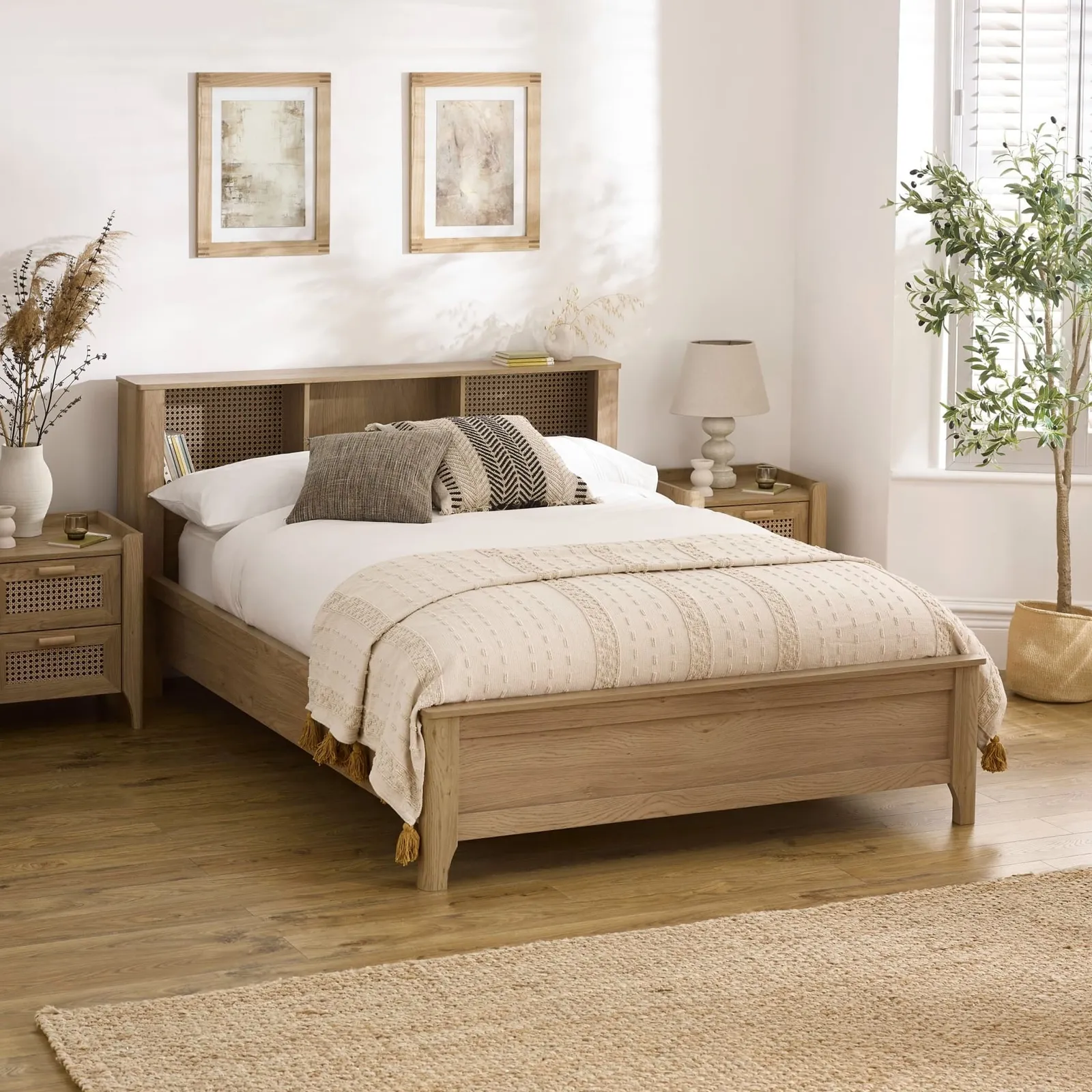 Sydney - Double - Rattan Oak-Effect Bookcase Bed - Oak - Wooden - 4ft6 - Happy Beds