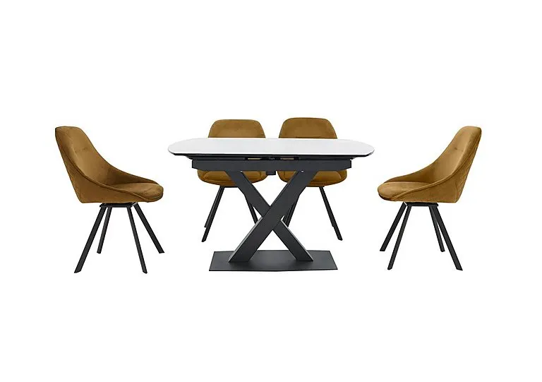 Arctic Extending Dining Table with White Top and 4 Swivel Chairs - Mustard Velvet