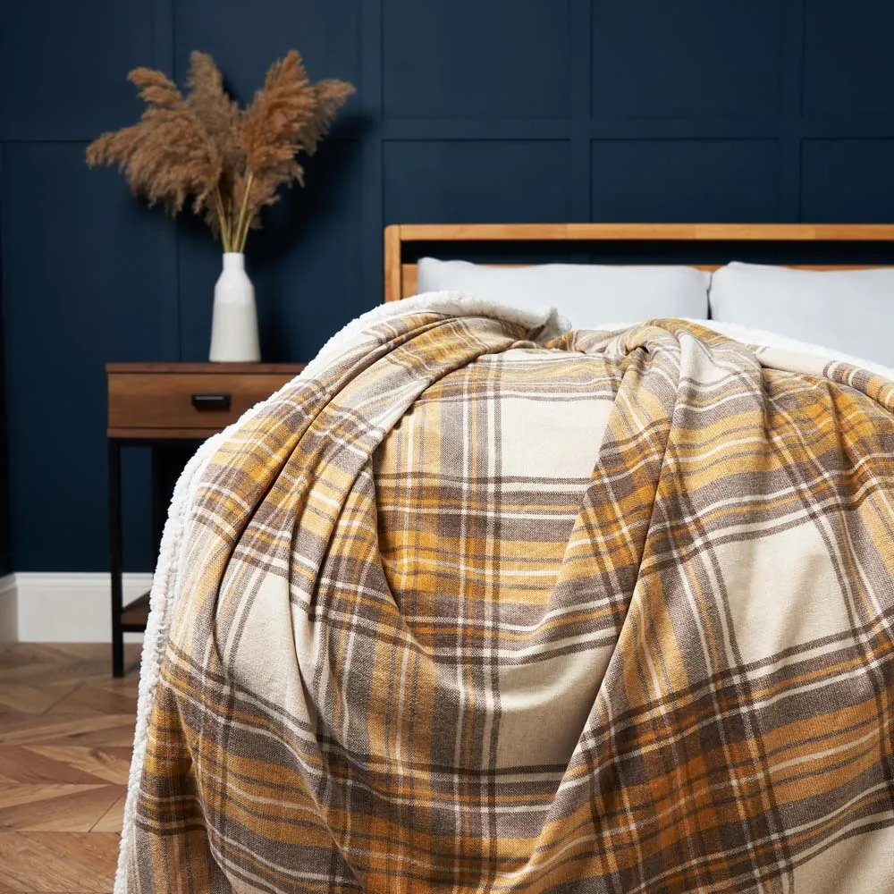 Luxury Warm Check Throw with Sherpa, Ochre