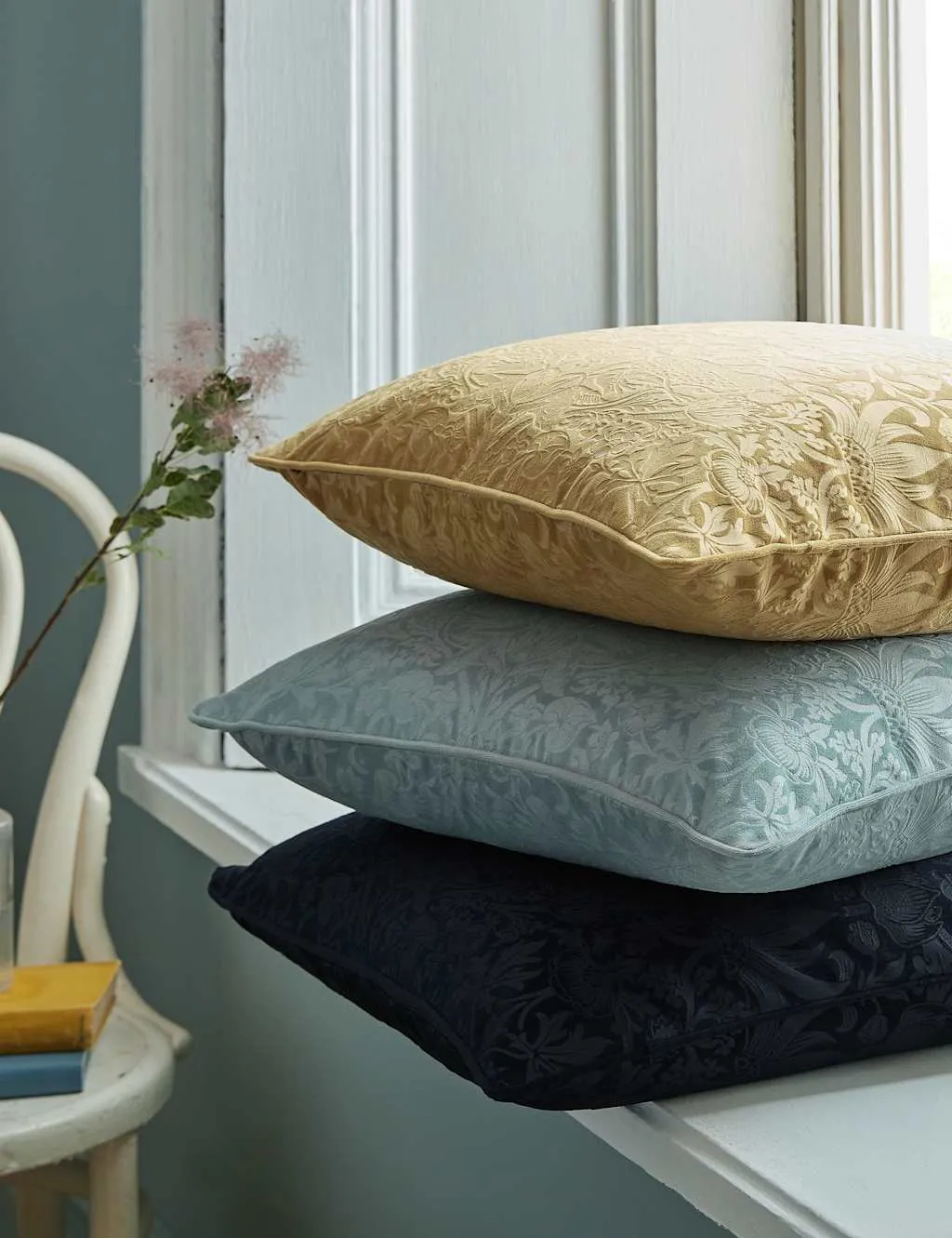 William Morris At Home Velvet Strawberry Thief Cushion Beige