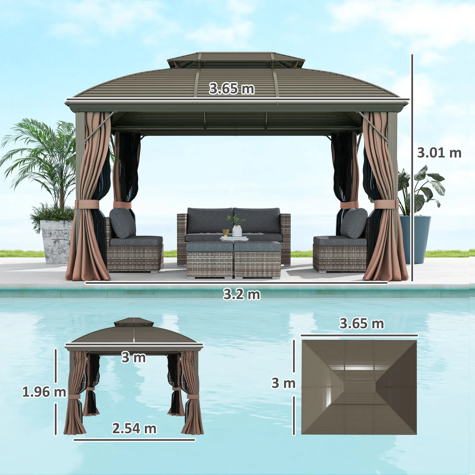 OUTSUNNY 3.65 x 3(m) Aluminium Outdoor Gazebo w/ Hardtop Double Roof, Coffee in Brown 3