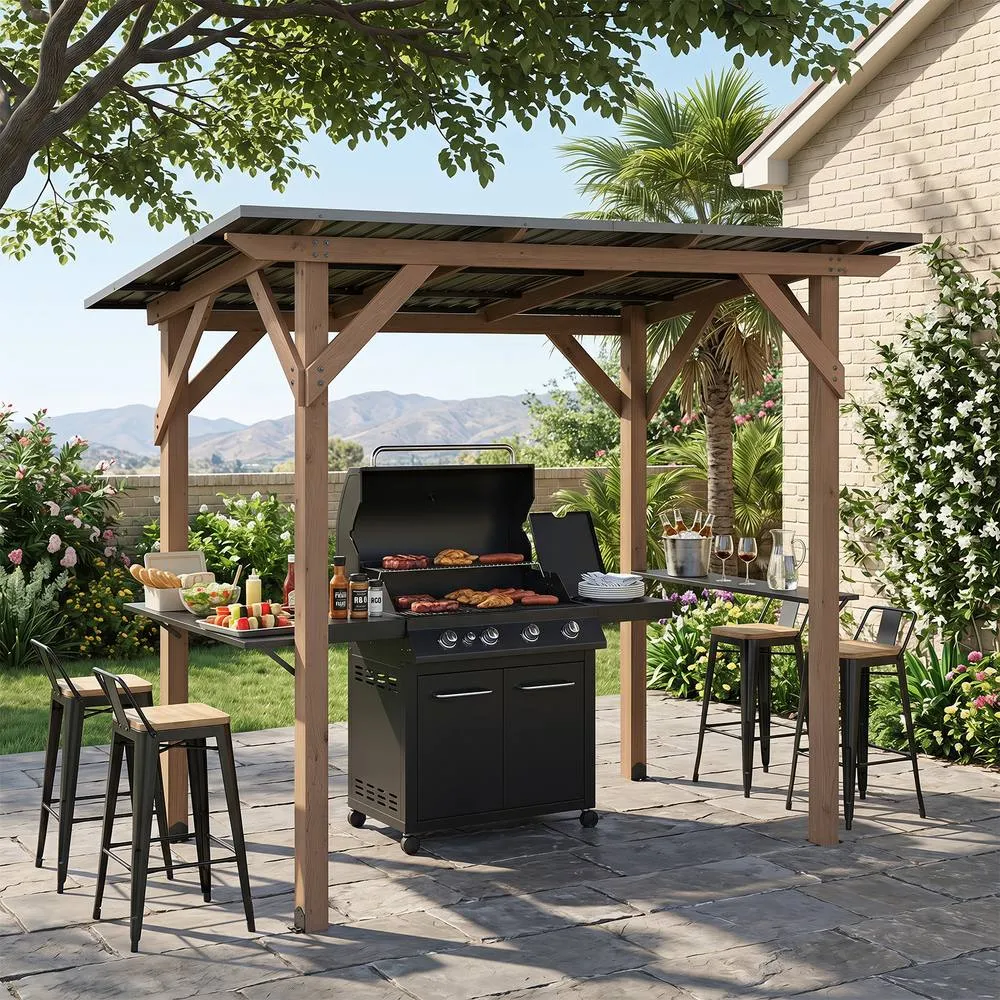 Costway Grill Gazebo Cedar Wood BBQ Gazebo with 2 Side Serving Shelves in Brown 6