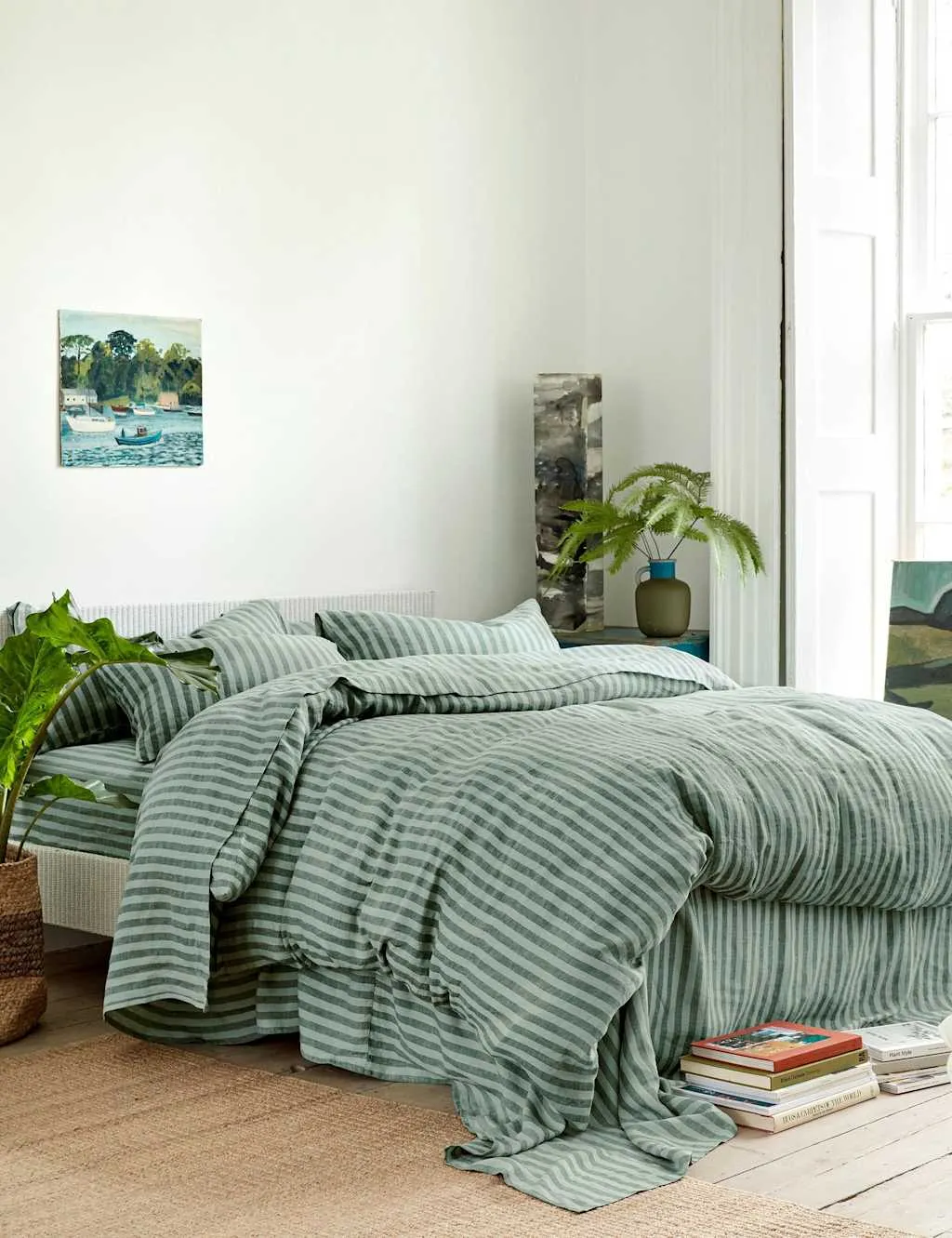 Piglet In Bed Pure Linen Pembroke Stripe Duvet Cover Green Mix