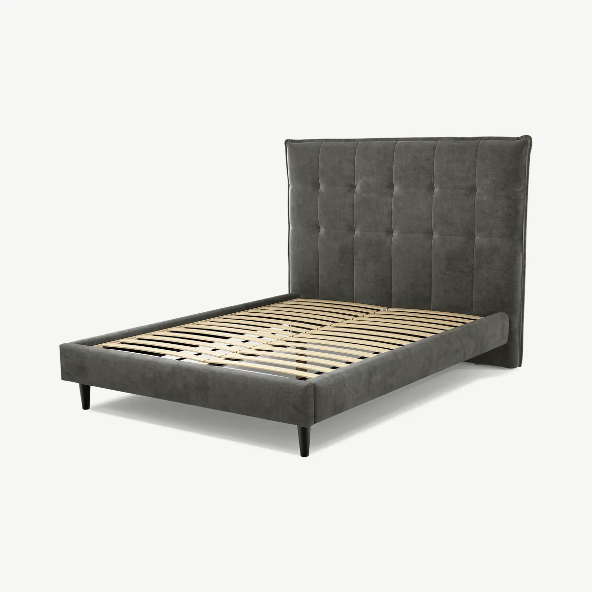 Lamas Double Bed, Steel Grey Velvet with Black Stain Oak Legs