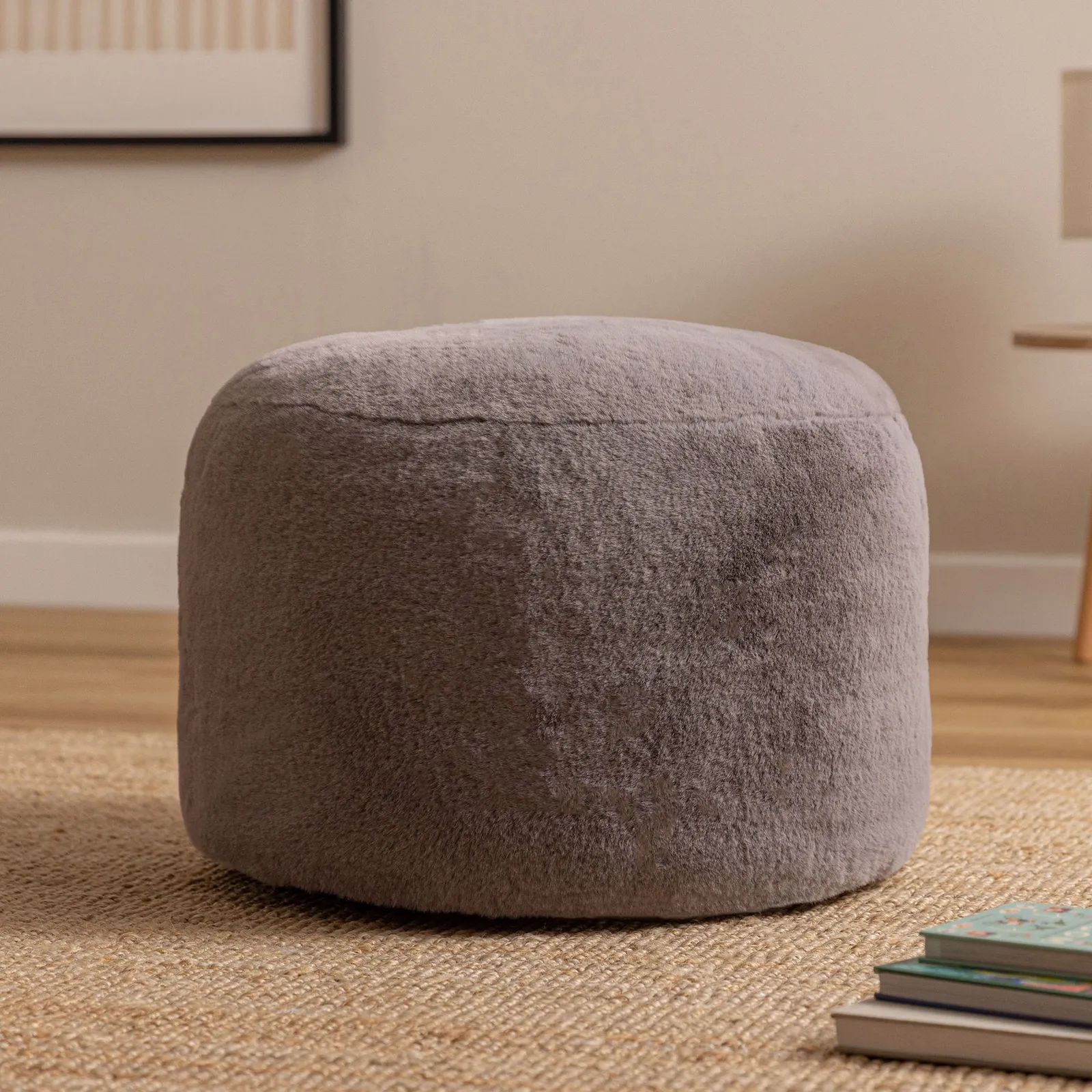 icon Milano Rabbit Faux Fur Round Footstool Bean Bag in Light Grey