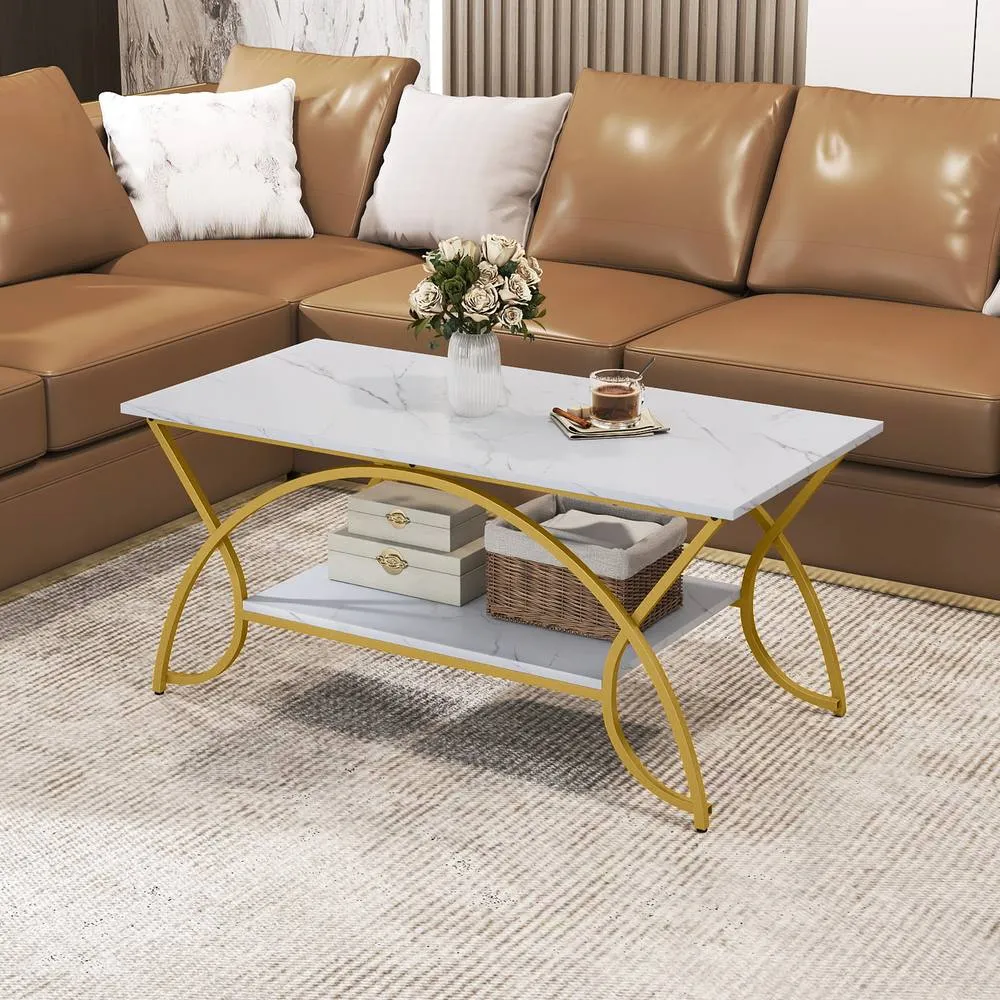 Costway 2-Tier Faux Marble Coffee Table Modern Cocktail Center Table w/ Shelf in White 5