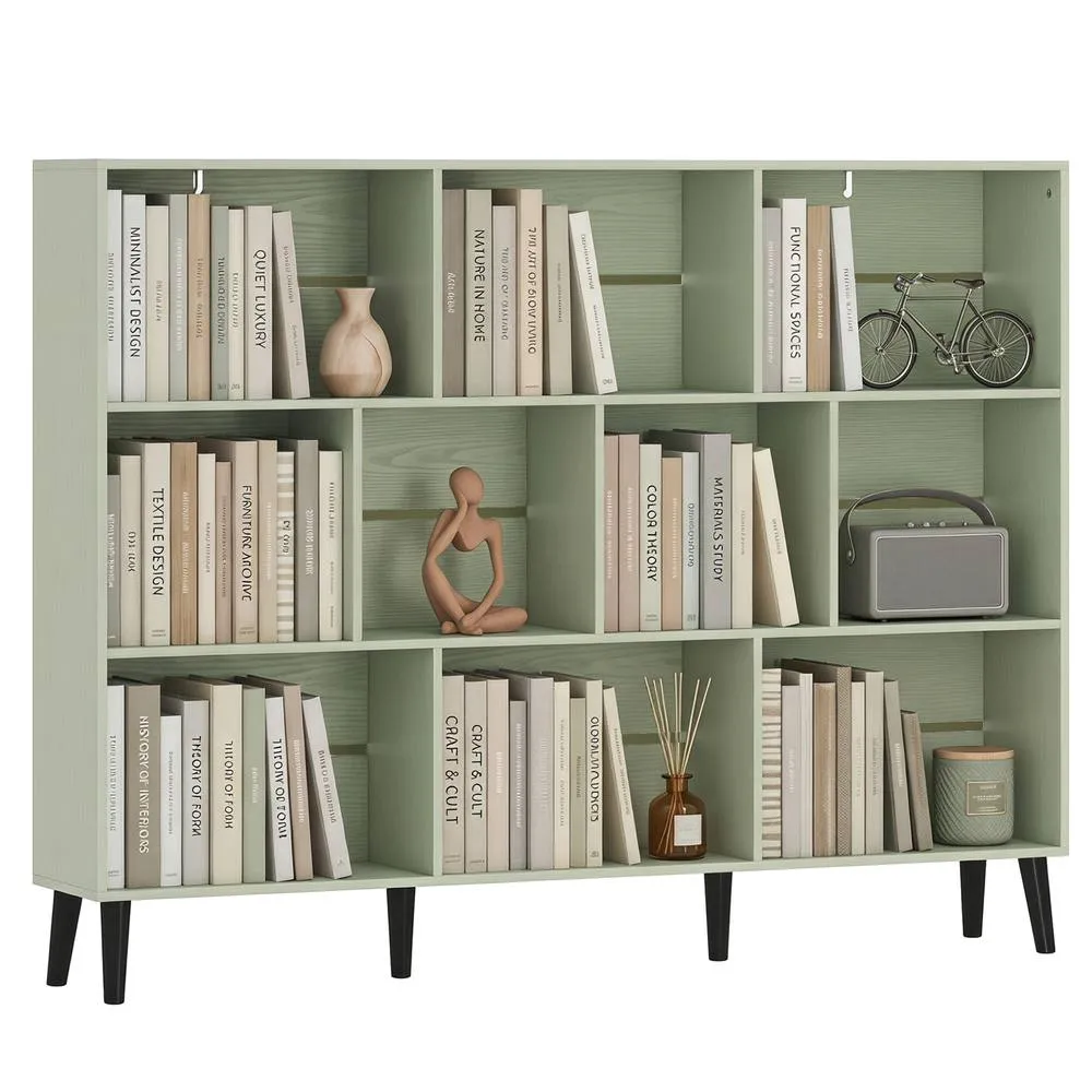 HOMCOM Bookshelf with 10 Cubbies, Book Shelf with Wood Legs, Light Green
