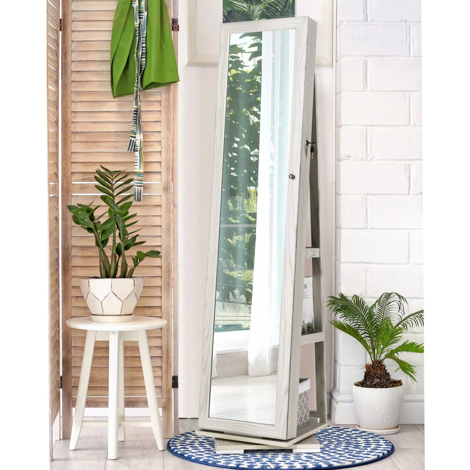 Costway 3-in-1 Rotating Mirrored Jewelry Armoire Freestanding Lockable Large Capacity Jewelry Organizer w/ Makeup Mirror in White 3