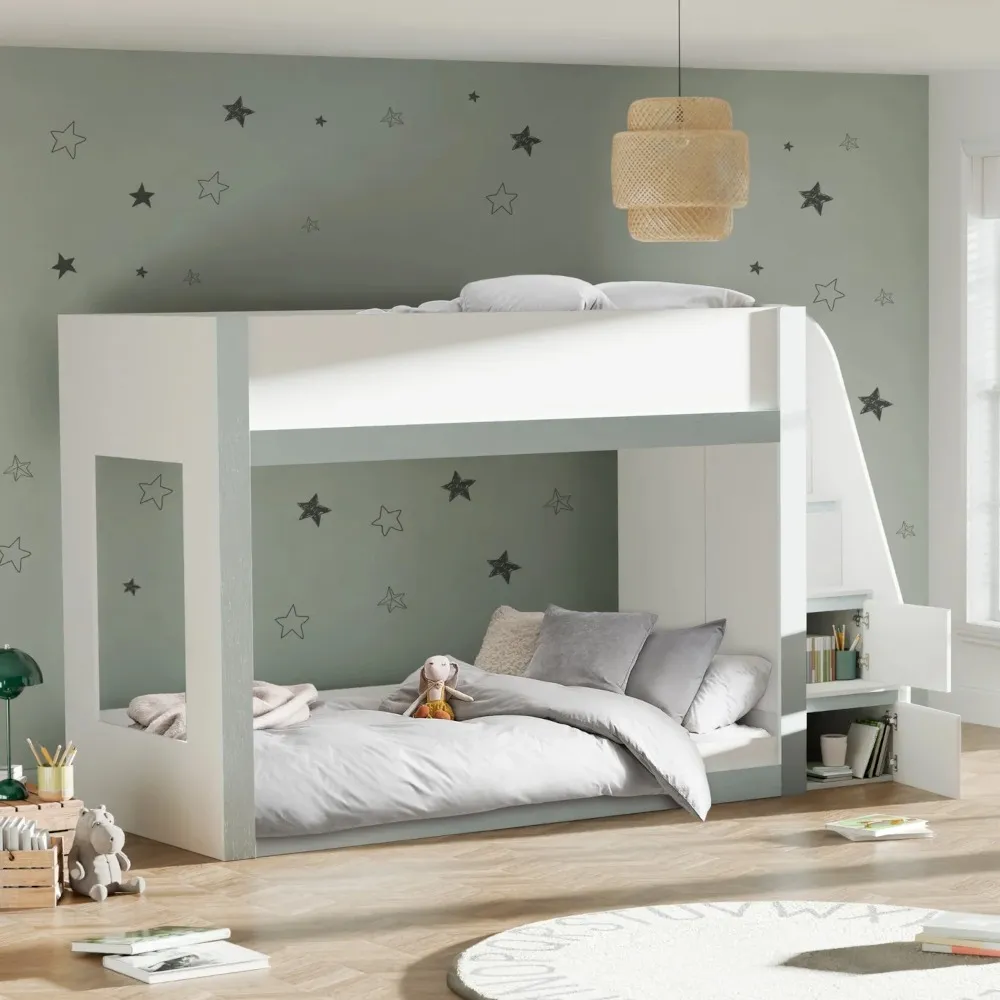 Gaia - Single - Storage Bunk Bed with Cupboards - White/Silver - Wooden - 3ft