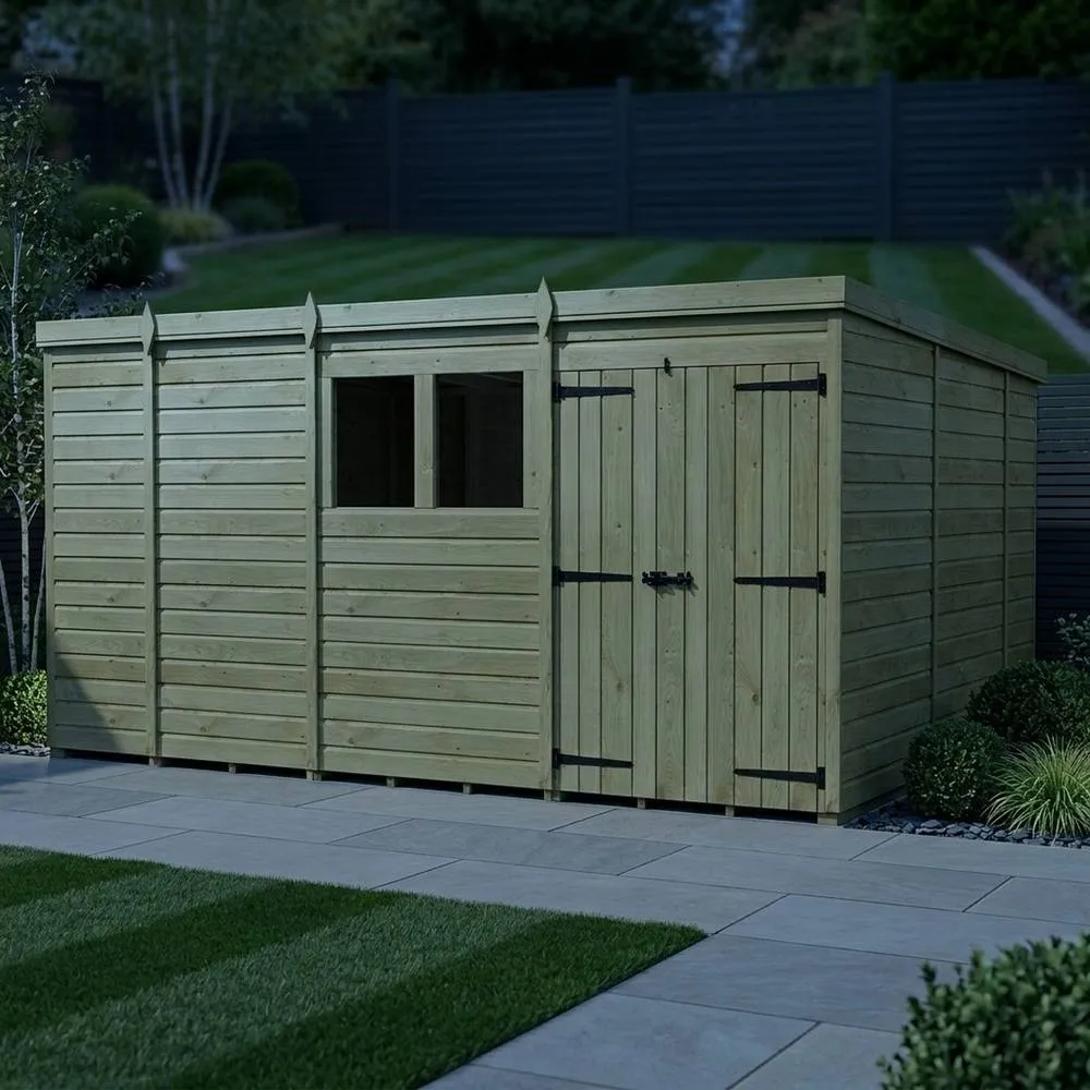 Buttercup Farm 13ft x 10ft Pent Garden Shed Double Door With Windows - Timber in Brown 3