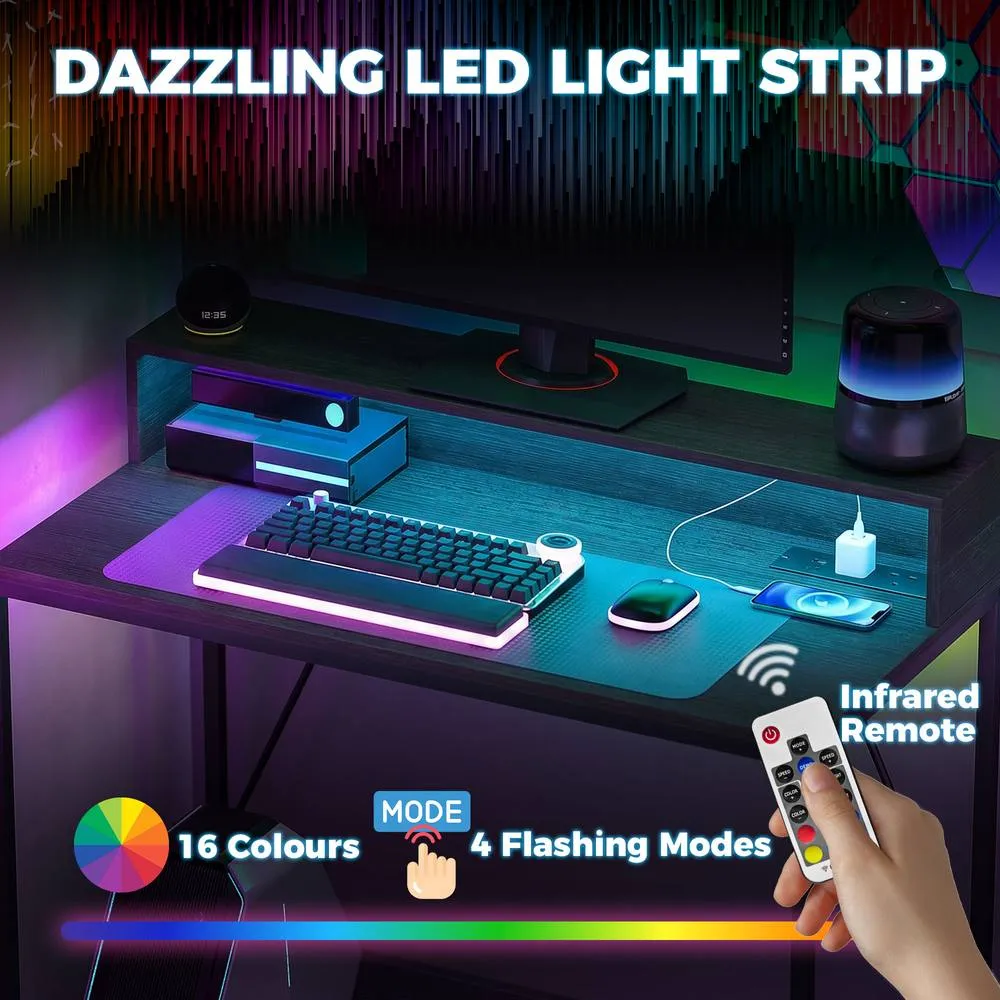 HOMCOM Gaming Desk with LED Lights & Power Outlets, Black Wood-Effect 4