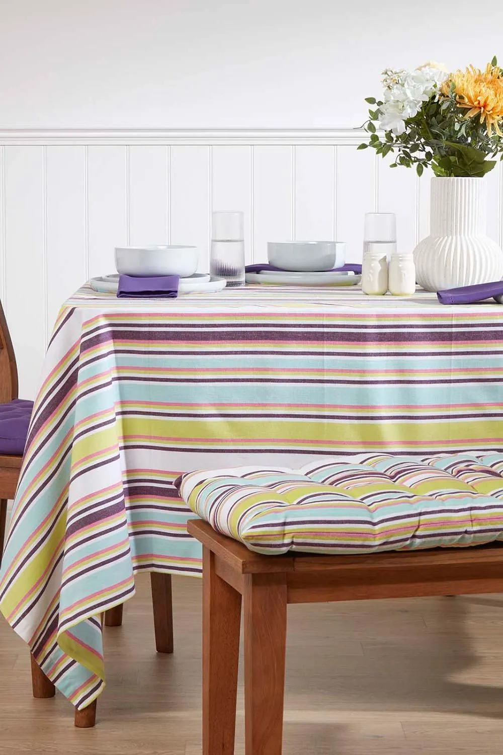 Homescapes Garden Bench Cushion Luxury 2 Seat Cotton Green Striped Indoor Outdoor Pad 2
