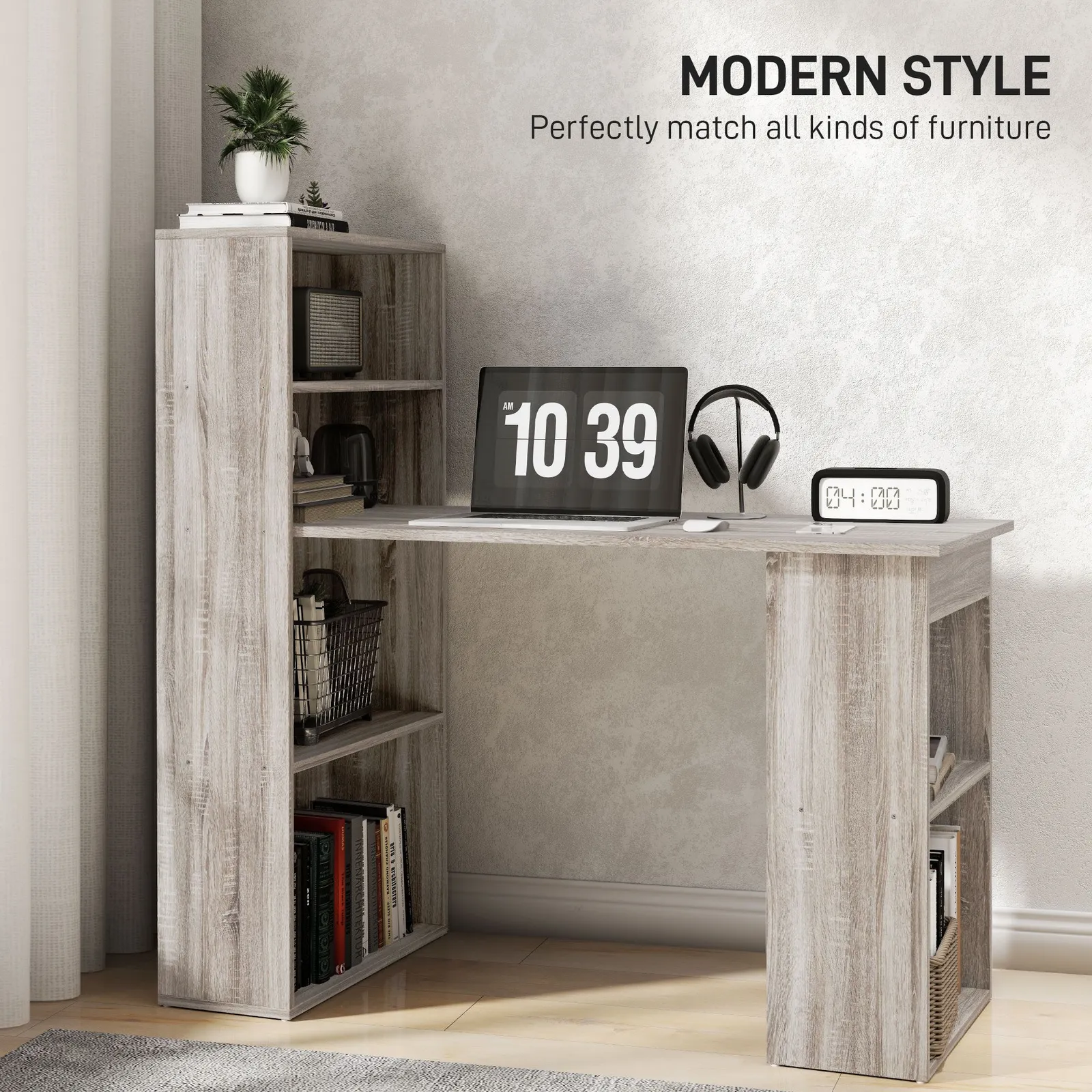 HOMCOM 120cm Computer Desk Bookshelf Writing Table 6 Shelves Grey 4