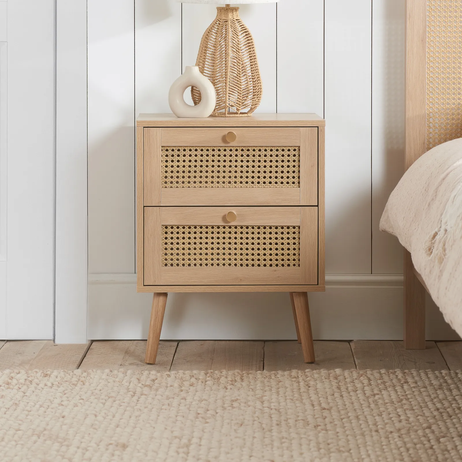 Croxley - 2 Drawer Bedside Table - Oak - Rattan - Wooden - Happy Beds 1