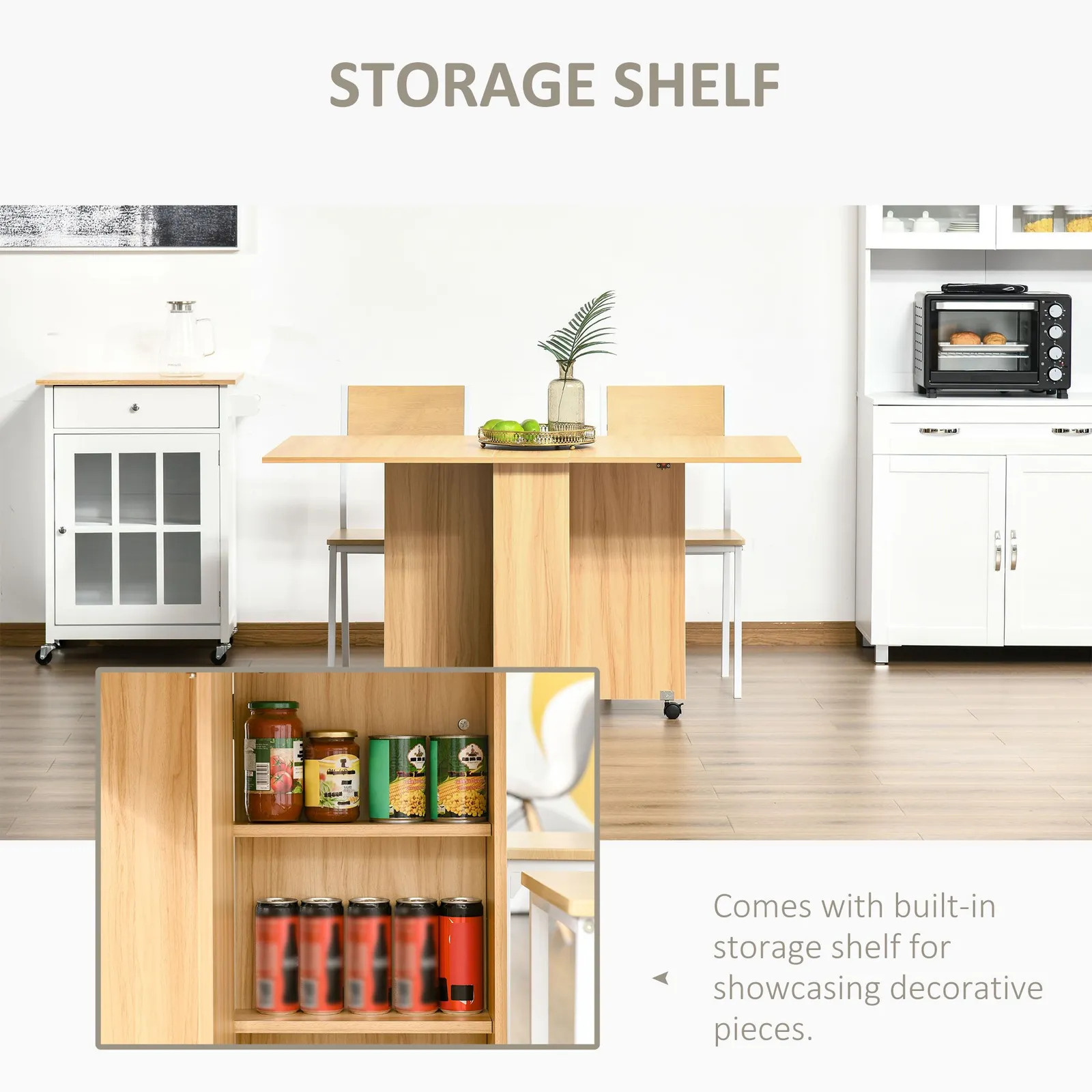HOMCOM Foldable Dining Table with Storage Shelves for Kitchen, Dining Room in Natural 6